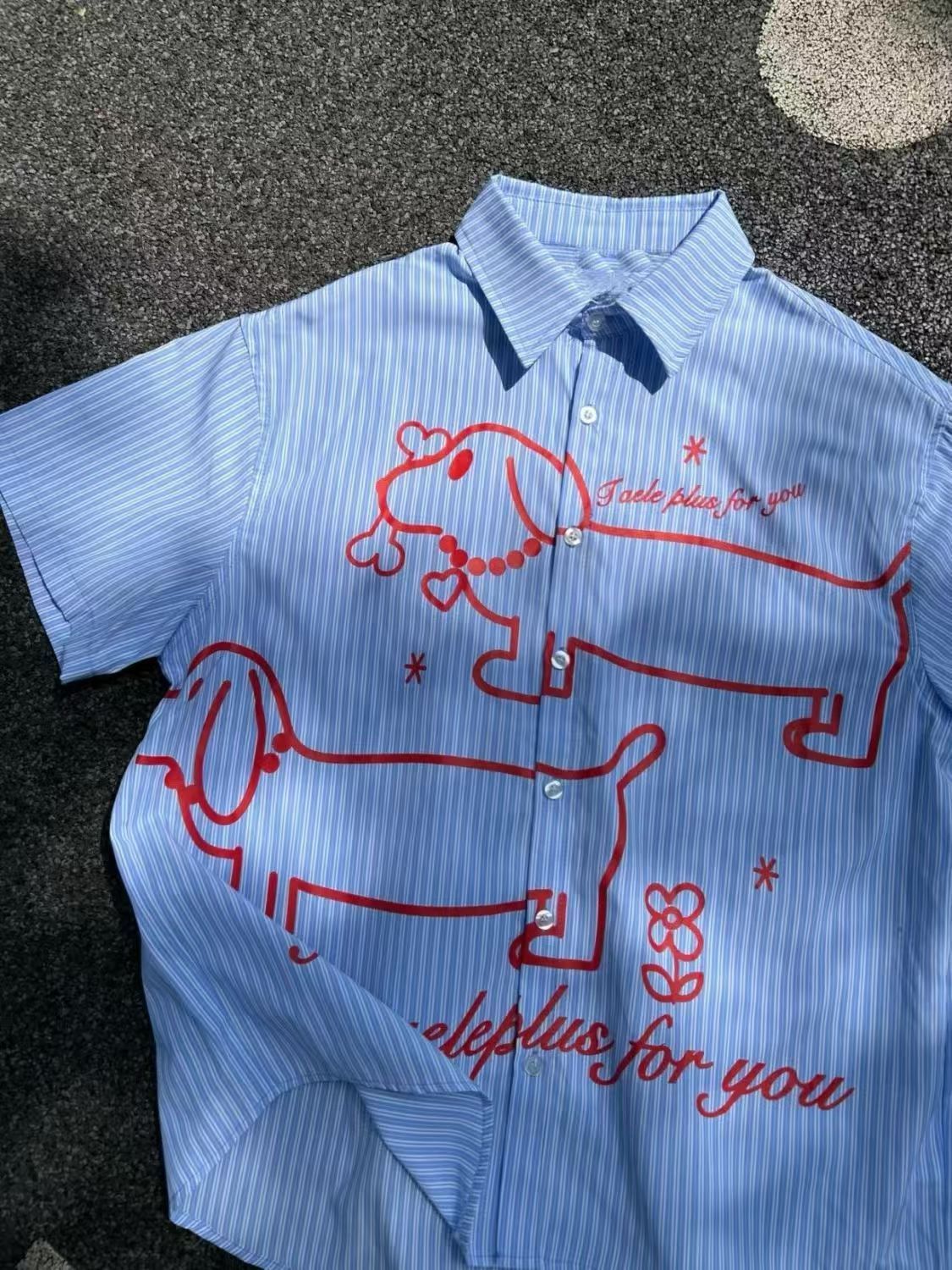 Vintage Blue and white striped dachshund print short-sleeve shirt Size US M / EU 48-50 / 2 - 3 Thumbnail