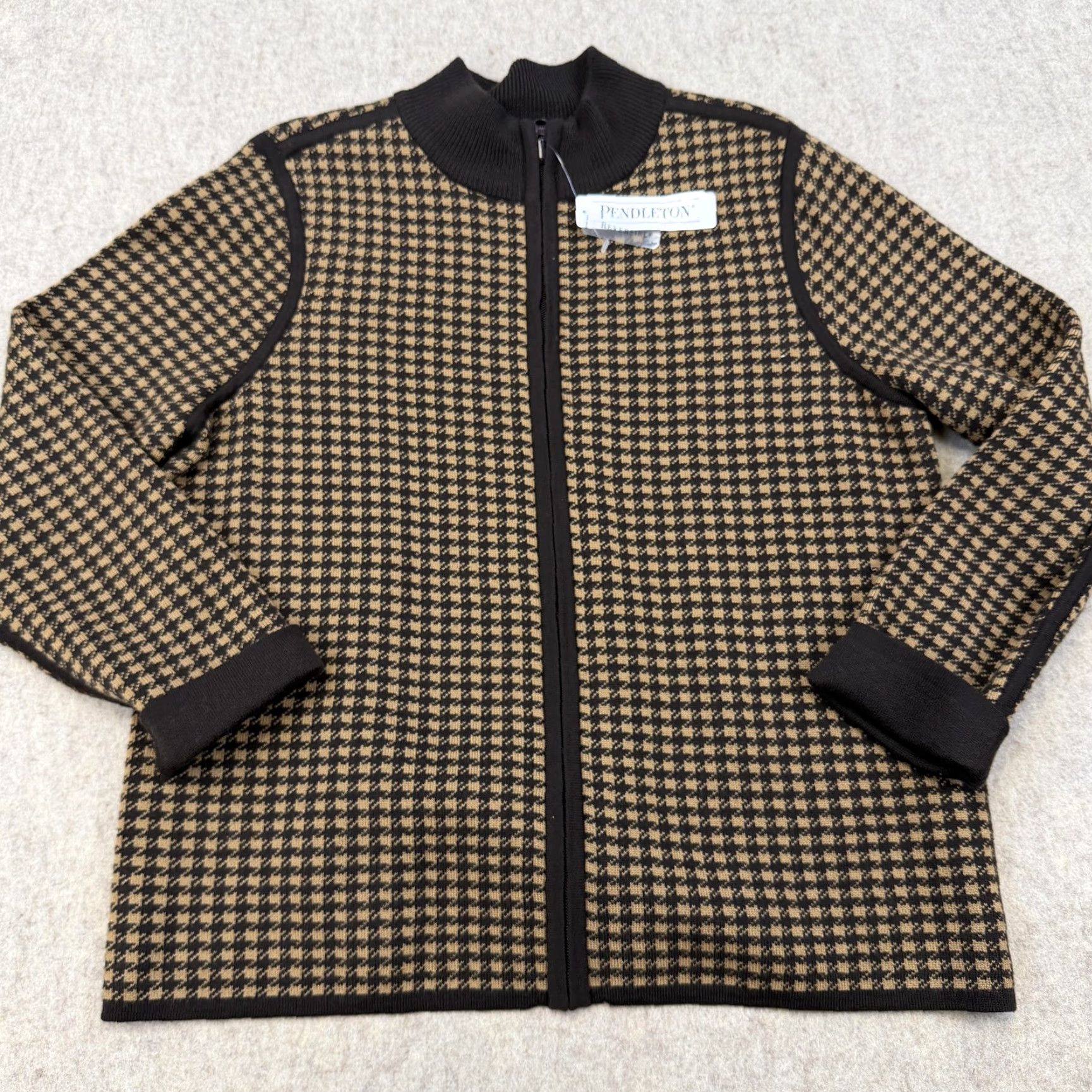 Pendleton Pendleton Sweater Womens XL Petite Brown Black Houndstooth Merino Wool Zip Mock Neck Full Zip Reversible Knitting Knit Wool Blend Nylon Size XL / US 12-14 / IT 48-50 - 4 Thumbnail