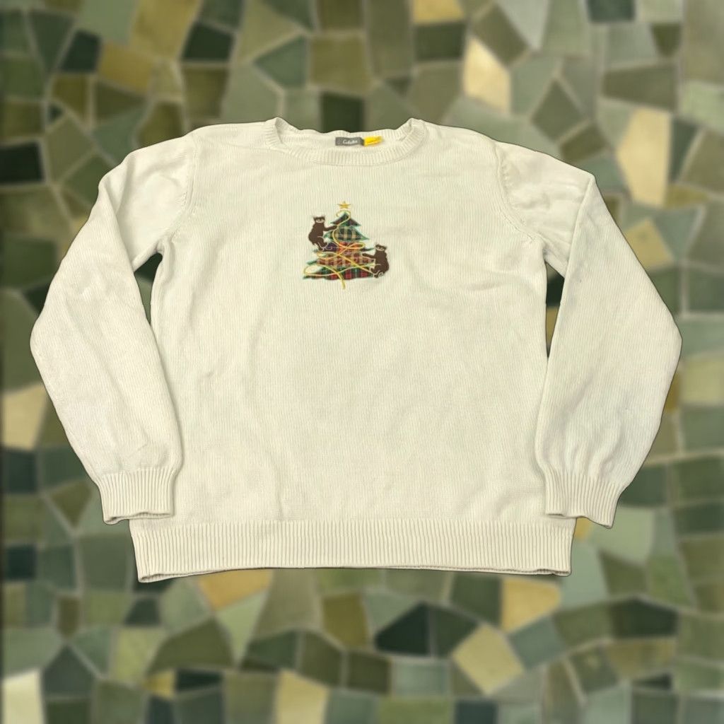 Vintage Cabelas Womens Large White Christmas Holiday Tree Cats Winter Fun Sweater Size L / US 10 / IT 46 - 1 Thumbnail