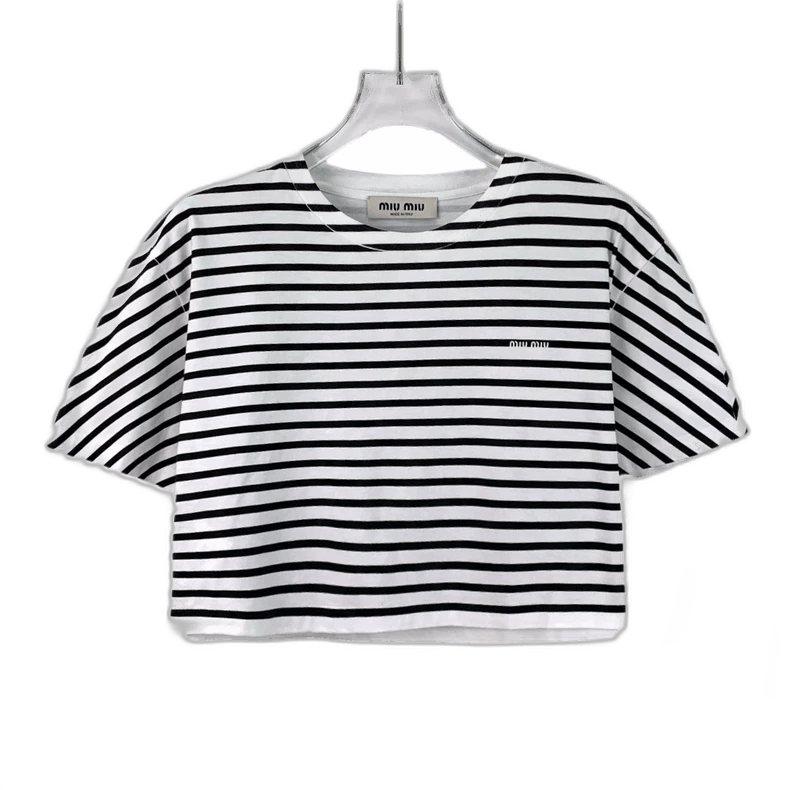 Miu Miu Miu Miu Striped Logo Cotton T-Shirt Size L / US 10 / IT 46 - 1 Thumbnail