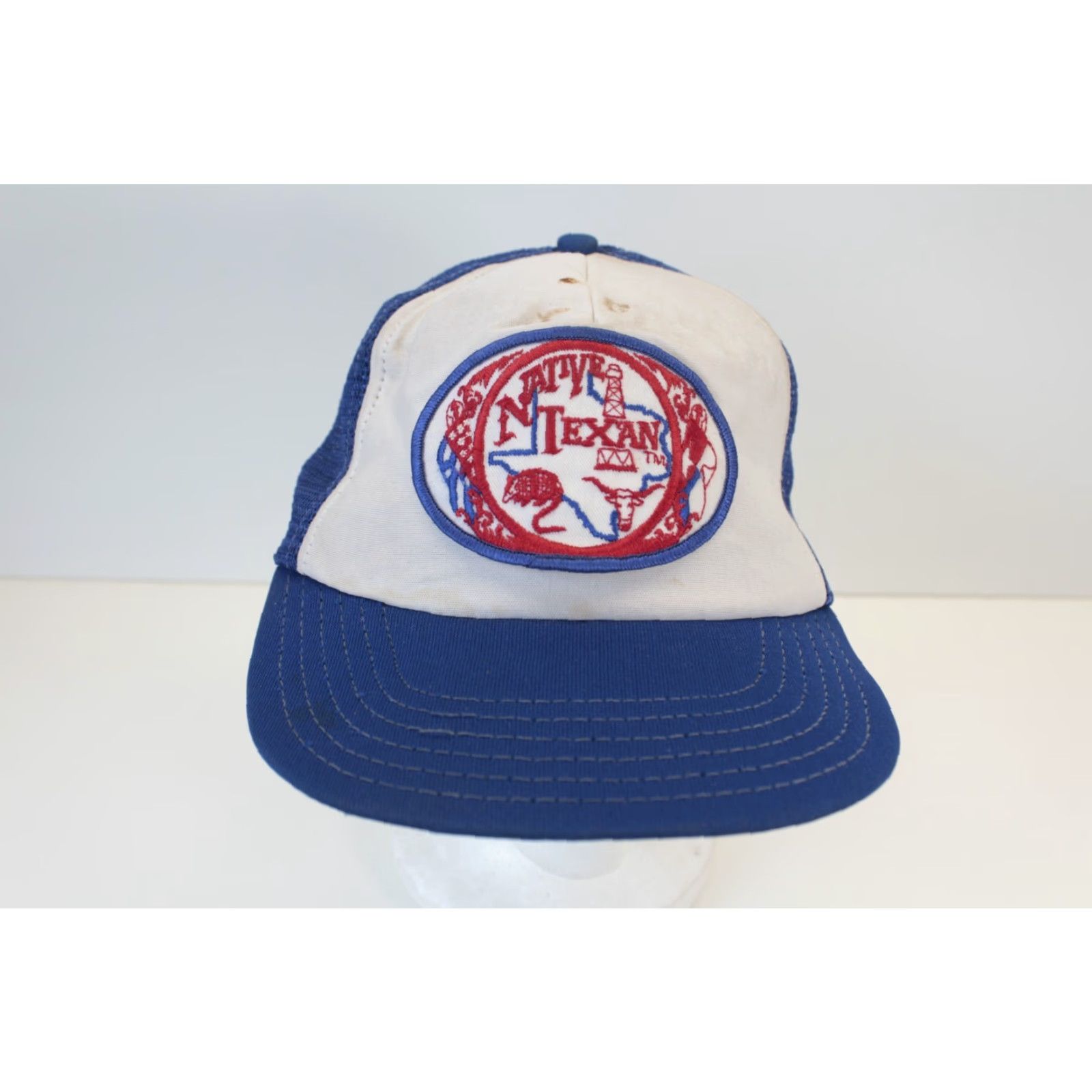 Native VINTAGE Native Texan Trucker Hat Adult Adjustable Blue Trucker Hat USA 80s 90s Armadillo Bull Horns Red White Blue Texas Mens Womens Boys Girls Size ONE SIZE - 2 Thumbnail