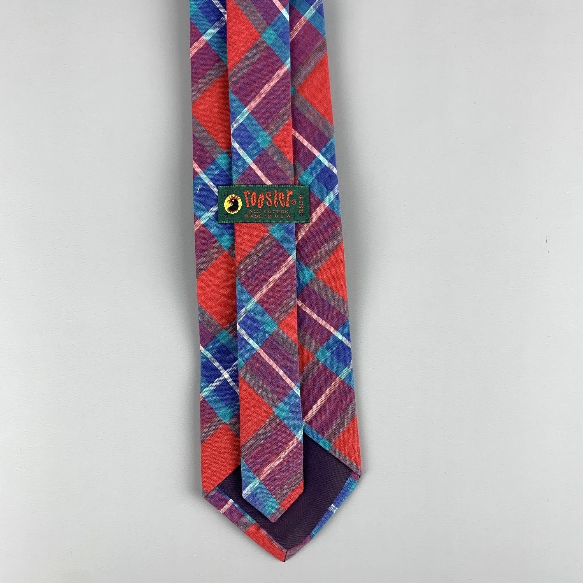 Designer Mens Rooster Madras Plaid Cotton Preppy Tie Red, Blue, Green Size ONE SIZE - 2 Thumbnail