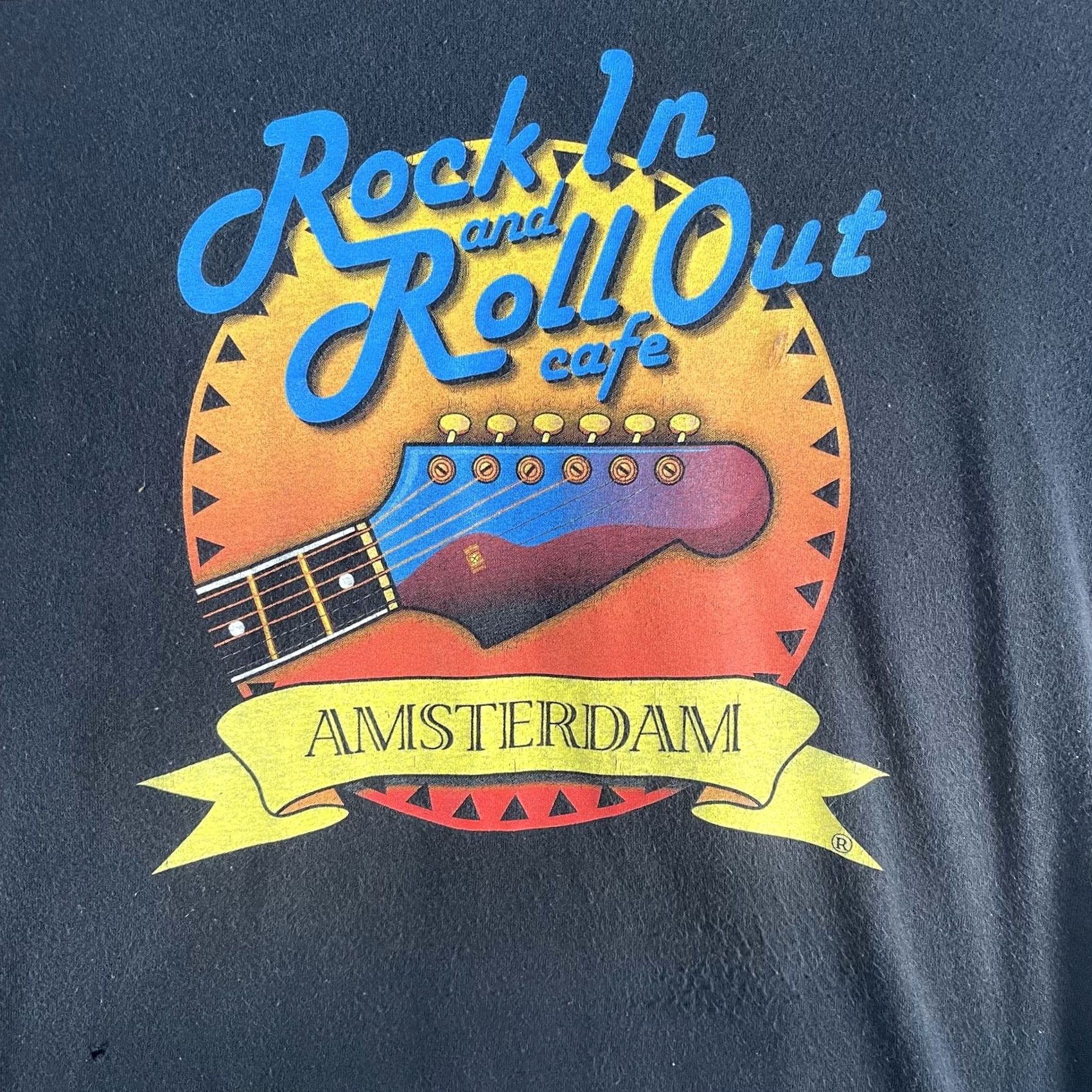 Fruit Of The Loom VINTAGE Rock In And Roll Out Cafe Shirt Mens Medium Black Amsterdam Guitar 90s Tee Size US M / EU 48-50 / 2 - 3 Thumbnail