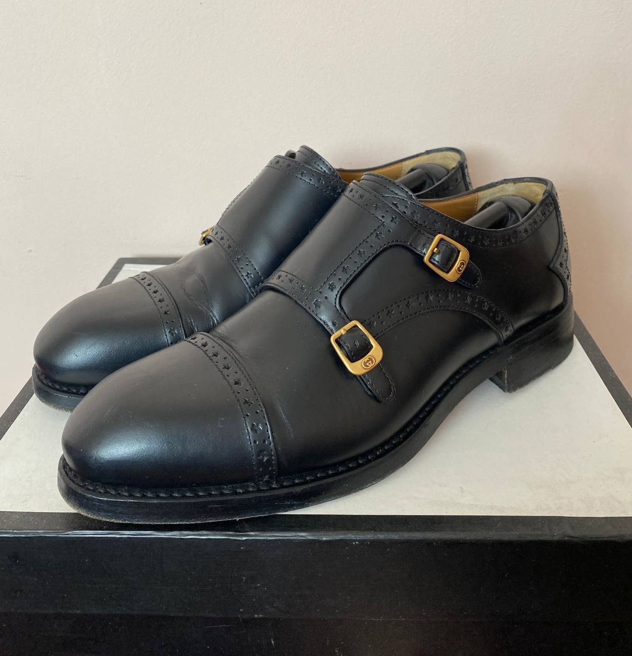 Gucci 739778 Double Monk Strap Black Leather Oxford Shoes