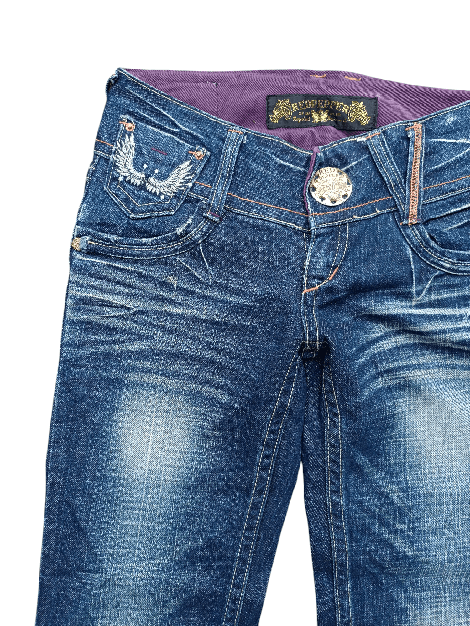 Beauty Beast × If Six Was Nine × Tornado Mart Flared Red Pepper Low Rise Embroidery Angel Wings Denim Size US 29 - 6 Thumbnail
