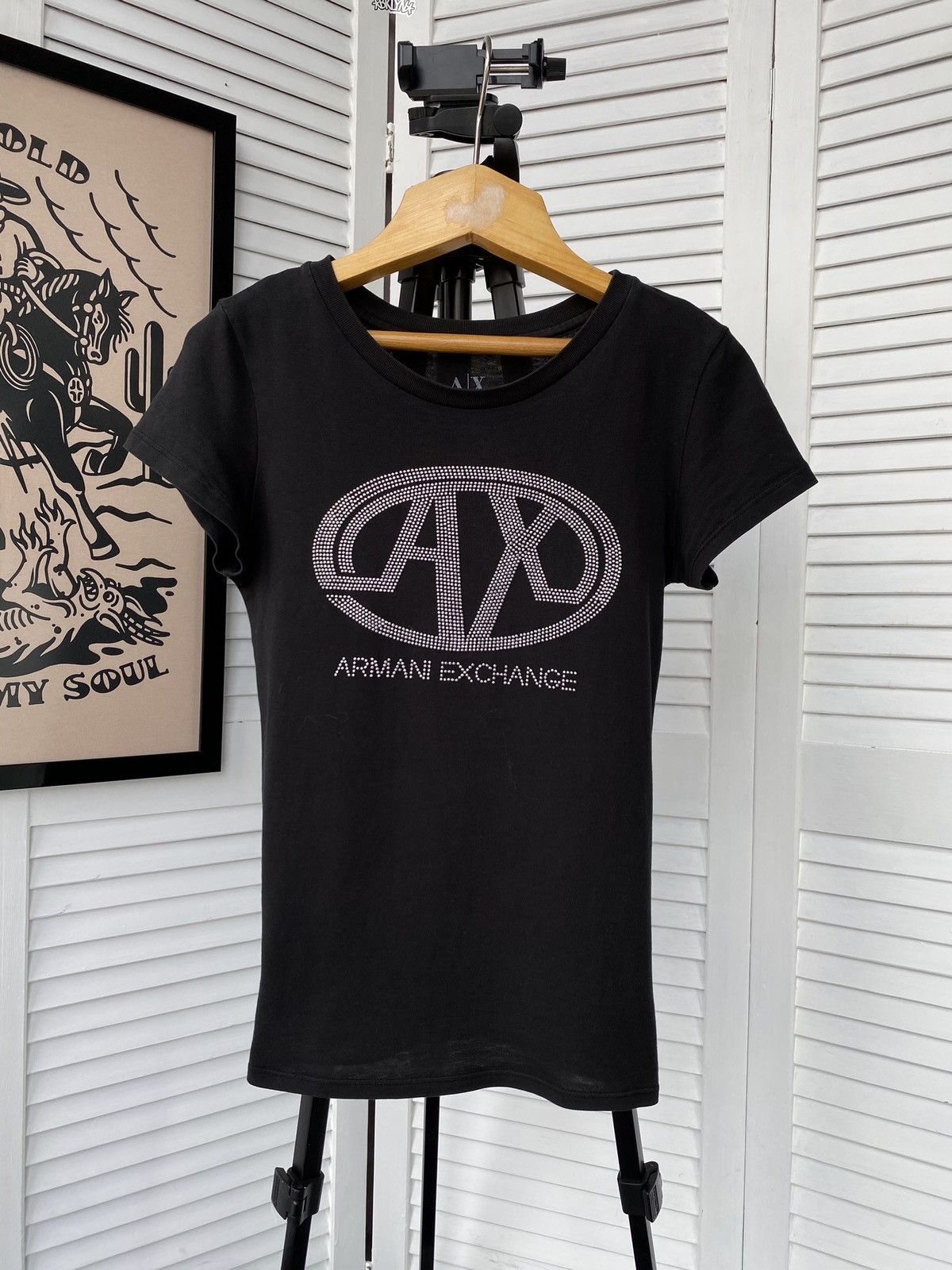 Armani Exchange × Japanese Brand Armani Exchange Rhinestone Crystals Diamante Logo Tee Shirt Size XS / US 0-2 / IT 36-38 - 3 Thumbnail