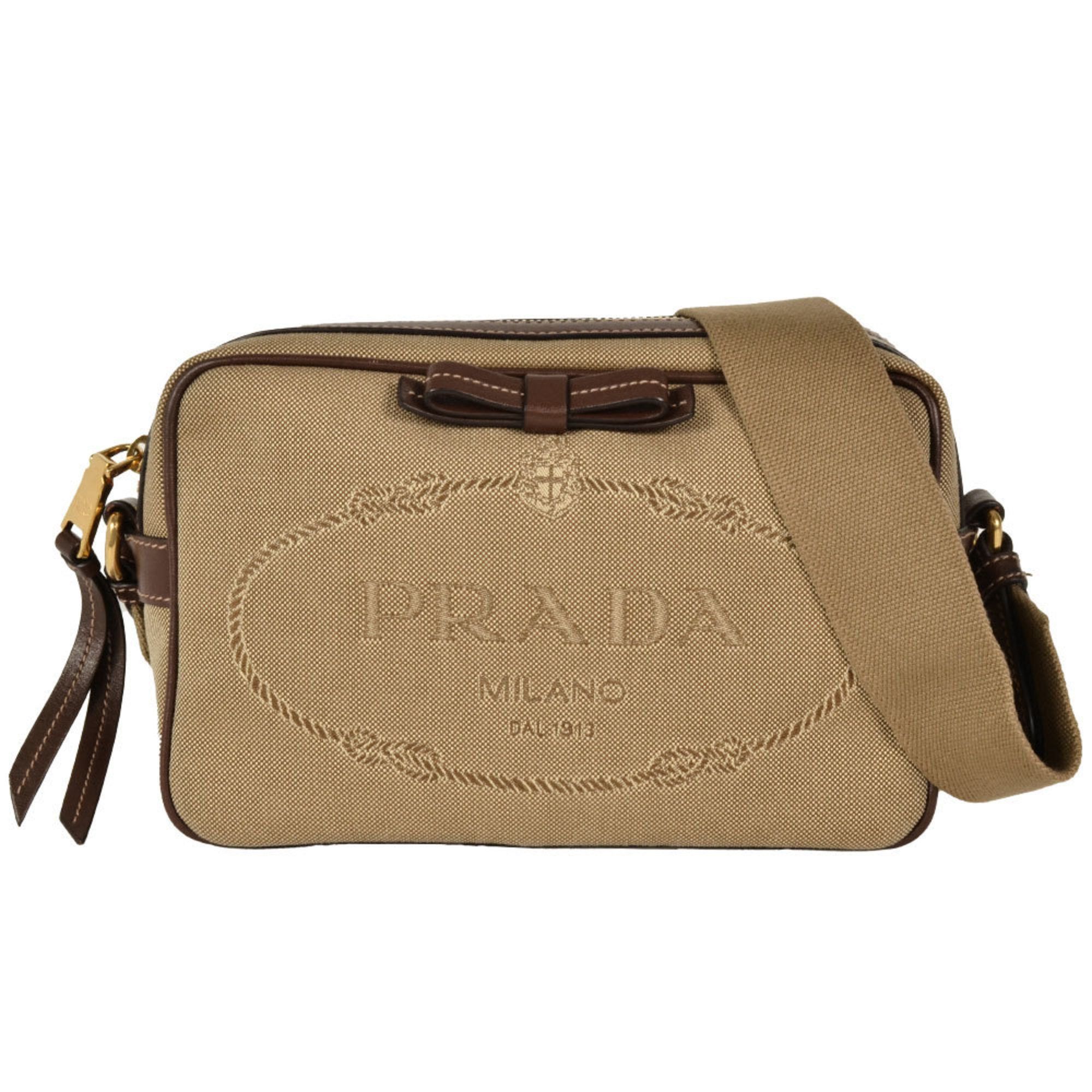 Prada Shoulder Bag Jacquard 1Bh089 Beige Canvas Ribbon, Women's