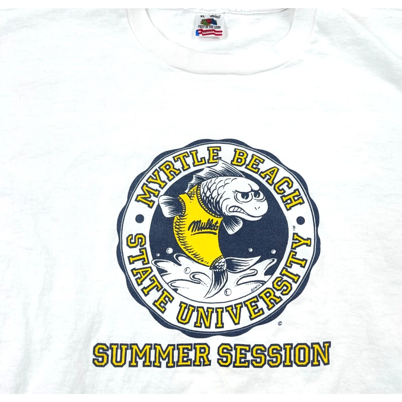 Fruit Of The Loom VINTAGE Fruit of the Loom Shirt Mens XL White 80s 90s Graphic Print Stains Single Stitch Sports Retro School TV Fish Myrtle Beach Mullets Tee Size US XL / EU 56 / 4 - 4 Thumbnail