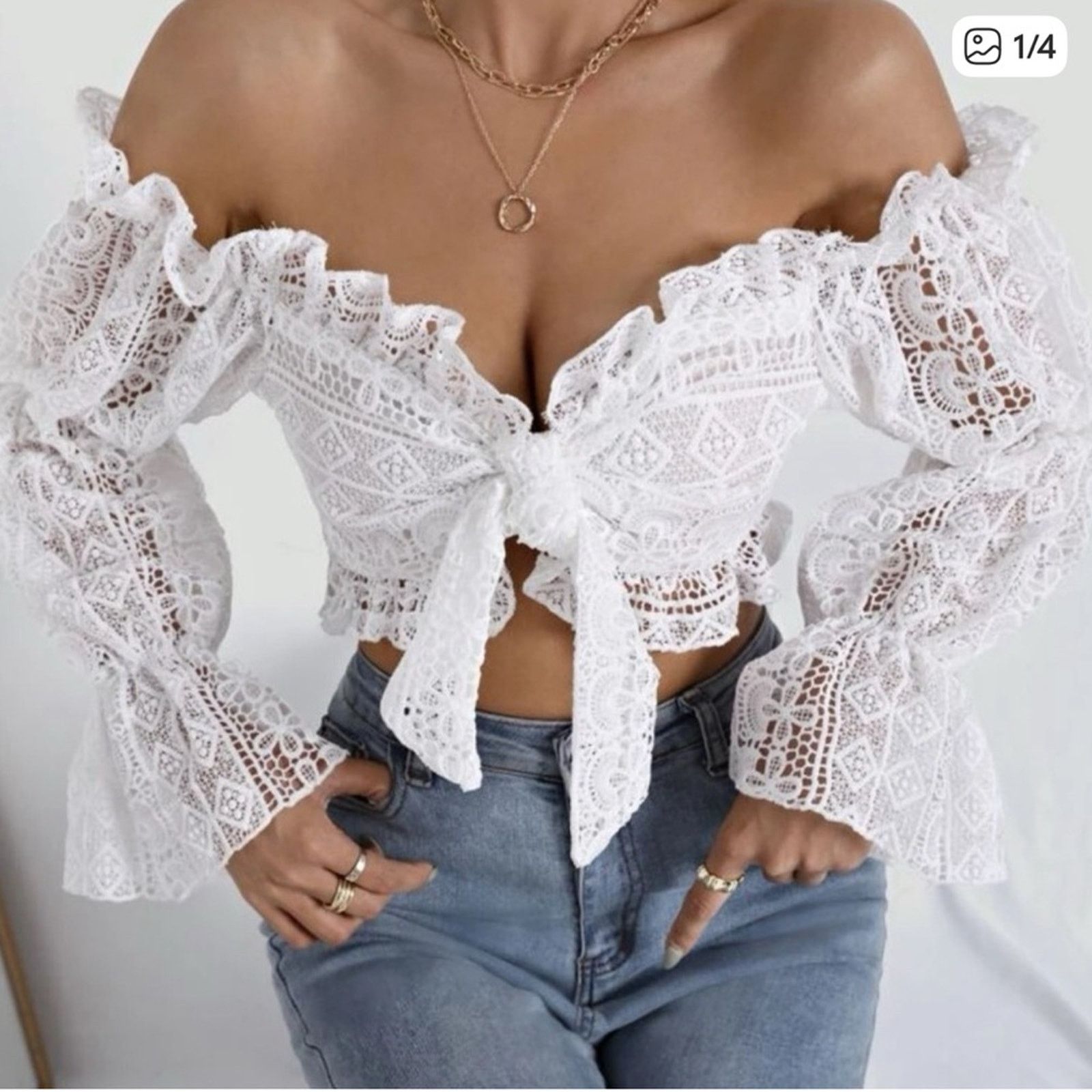 Other Chic White Lace Off-Shoulder Blouse size S Size S / US 4 / IT 40 - 4 Thumbnail