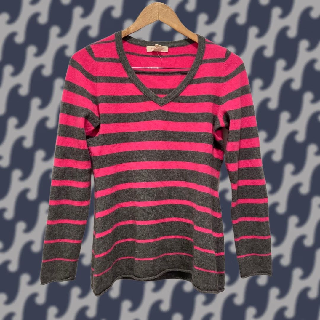 Pinko C. Cashmere Womens Sweater V-Neck Striped Pink Grey Size M 100% Cashmere Size M / US 6-8 / IT 42-44 - 1 Thumbnail