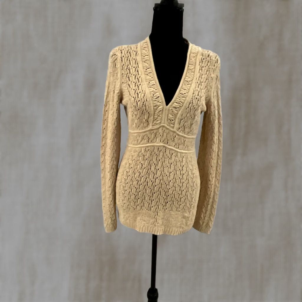 Ann Taylor ANN TAYLOR LOFT Sweater Shirt Women V-Neck Long Sleeve Beige Cotton Knit Pullover Regular Small Size S / US 4 / IT 40 - 1 Thumbnail