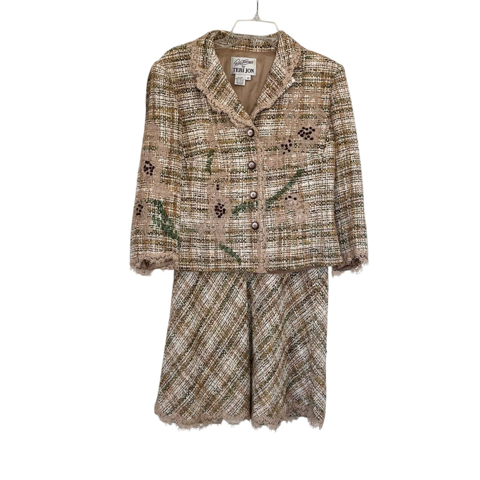 Other Vintage Rickie Freeman Teri Jon Beige Green Tweed Lace Trim Size 34" / US 12 / IT 48 - 1 Thumbnail