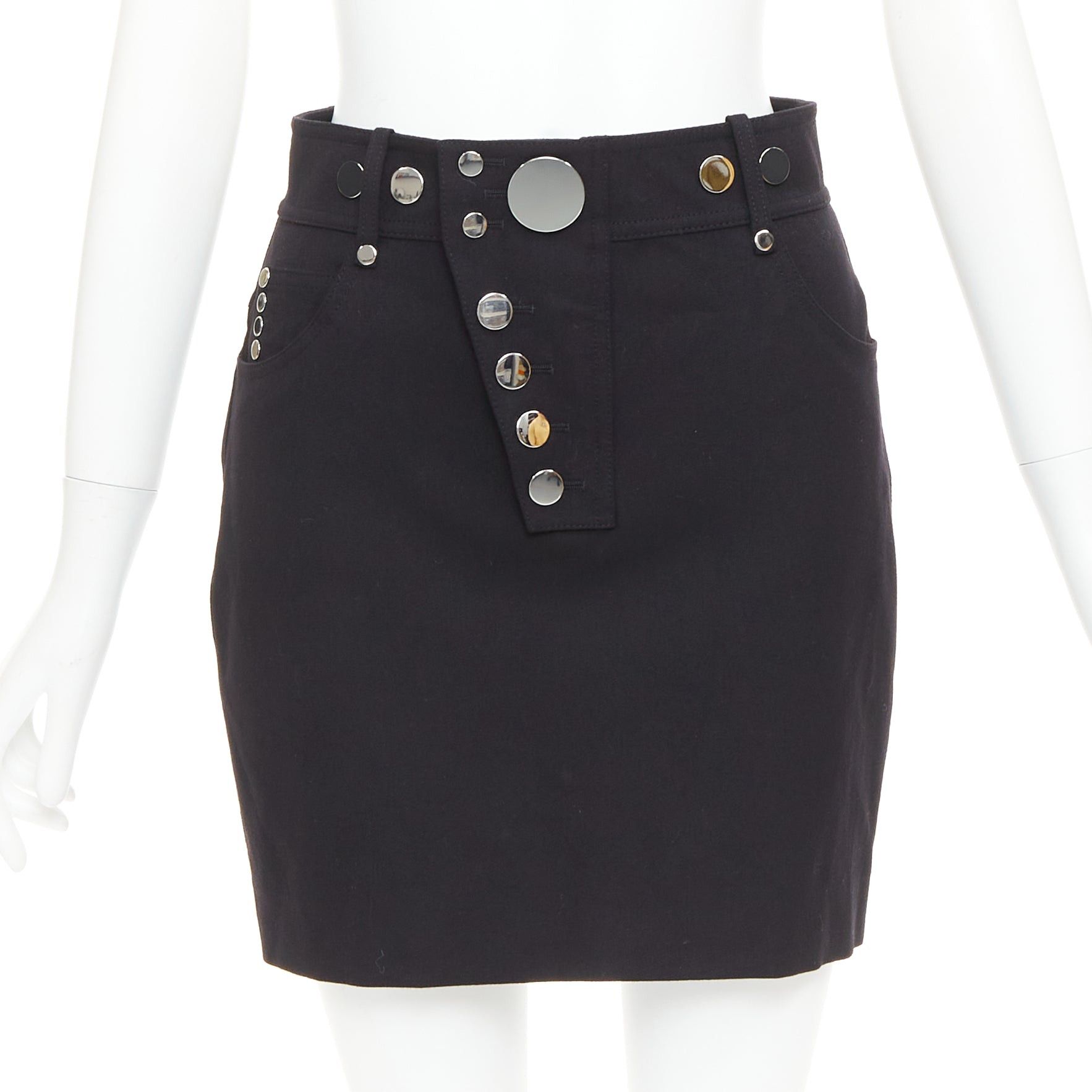 Alexander Wang ALEXANDER WANG black virgin wool mirrored silver snap buttons skirt US2 S Size 27" / US 4 / IT 40 - 1 Thumbnail