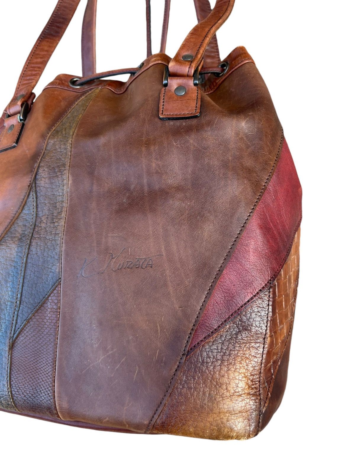 Leather Vintage K. Murata Japan Fade Patina Patchwork Tote Bag Size ONE SIZE - 9 Thumbnail