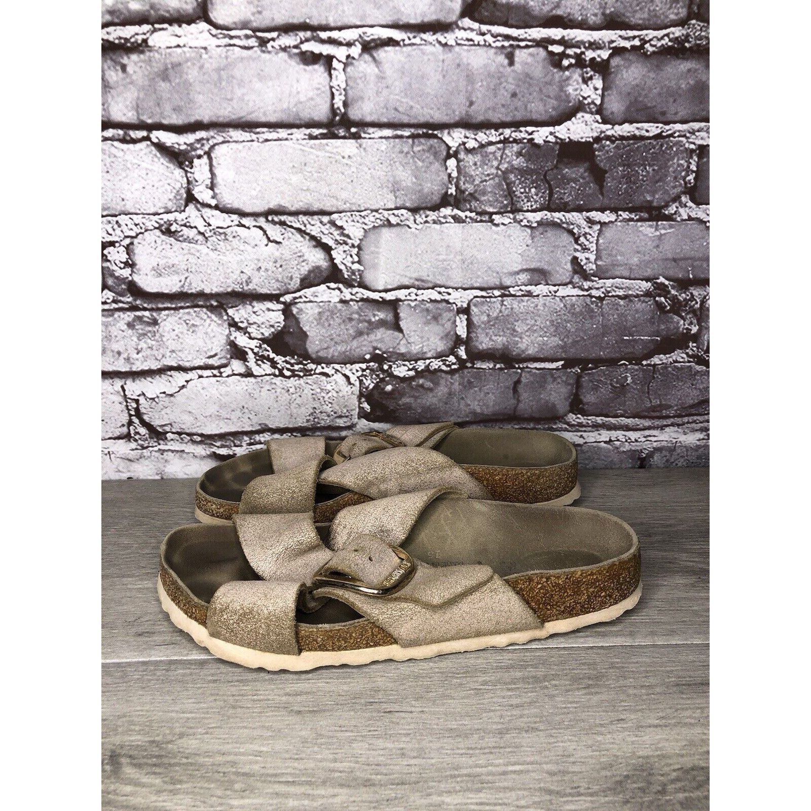 Birkenstock Birkenstock ARIZONA Beige Metallic Leather Strap Slides Sand Size US 7.5 / IT 37.5 - 1 Thumbnail