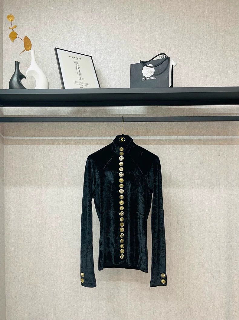 Chanel Chanel Velvet High Neck Blouse with Gold Buttons- DMC Size US M / EU 48-50 / 2 - 1 Thumbnail