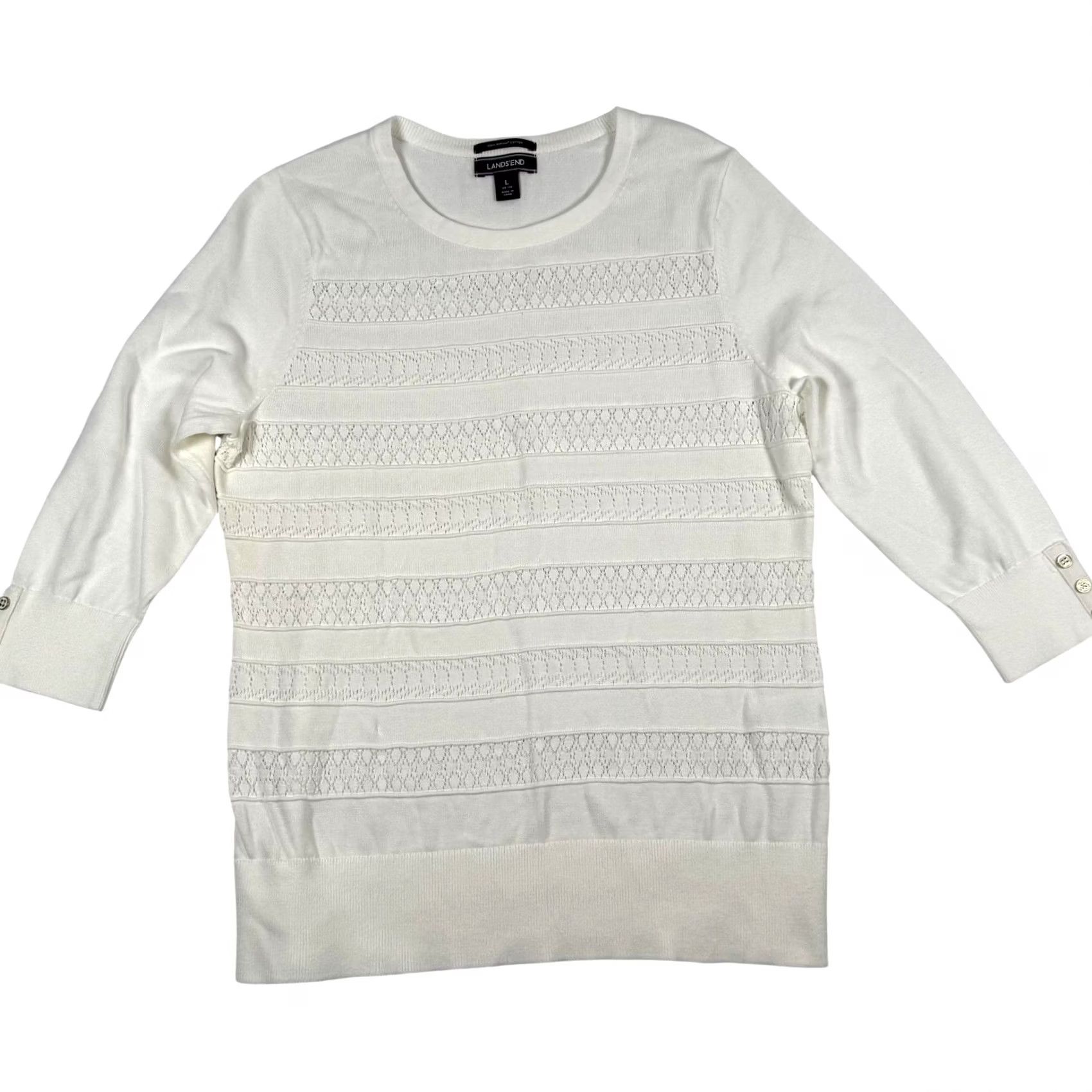 Lands' End Lands' End Drifter Sweater L Supima Cotton Striped Pointelle Lightweight Crew Neck 3/4 Sleeve Women Knitted Open-Knit Size L / US 10 / IT 46 - 2 Thumbnail