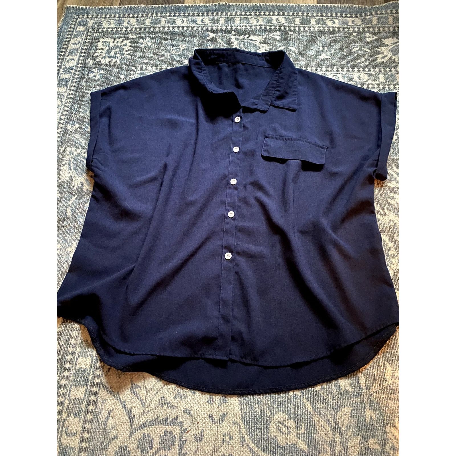 Other Satin Button-Up Navy Blouse Short Sleeve Medium Soft Norm Size M / US 6-8 / IT 42-44 - 3 Thumbnail