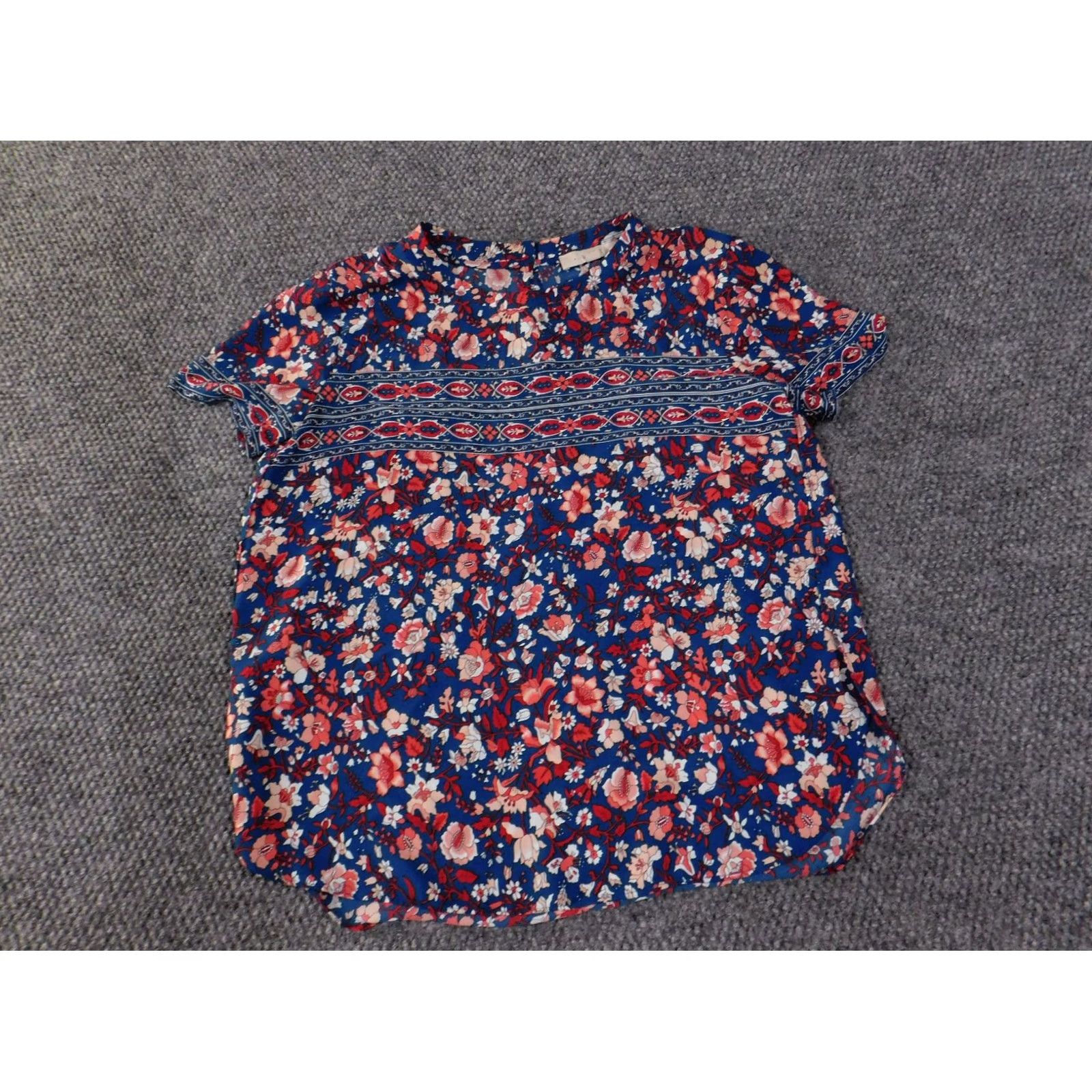 Ann Taylor Loft Blouse Womens M Blue Red Floral Boho Short Sleeve Lightweight Top Size M / US 6-8 / IT 42-44 - 2 Thumbnail