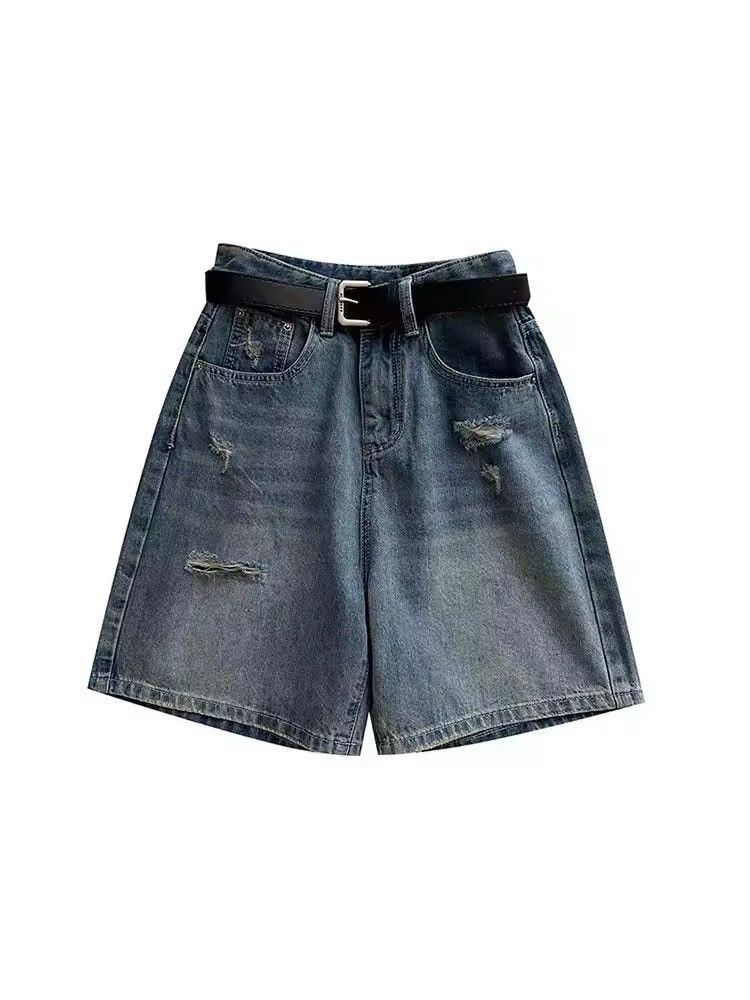 Vintage Straight Washed Wide Leg Holes Distressed Shorts Size US 32 / EU 48 - 3 Thumbnail