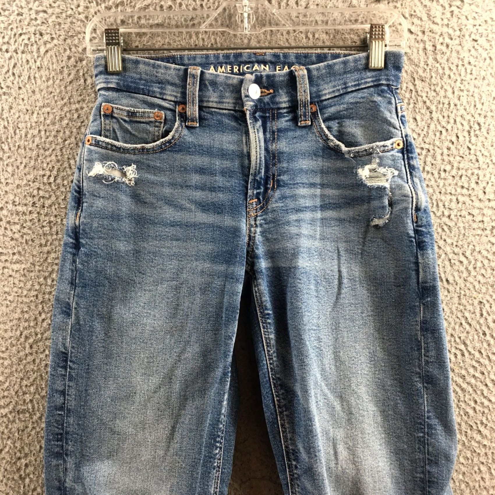 Vintage American Eagle Slim Straight Jeans Womens 00 Blue Distressed Mid Rise Zip Fly Jeans Size 24" / US 00 / IT 34 - 2 Thumbnail