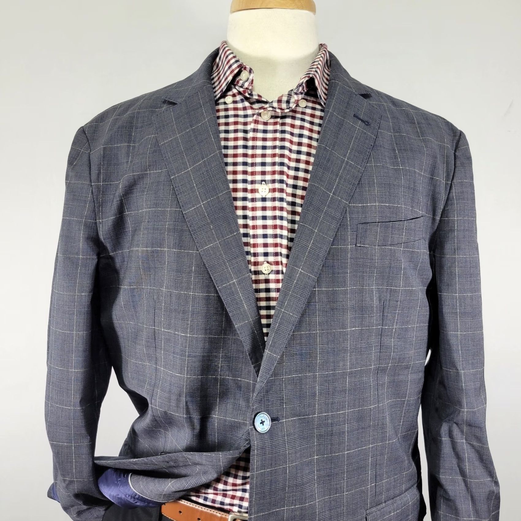 Vintage Sacoor Brothers Sport Coat Blazer Mens 48R Blue Plaid Wool Stretch Two Button Size 48R - 6 Thumbnail