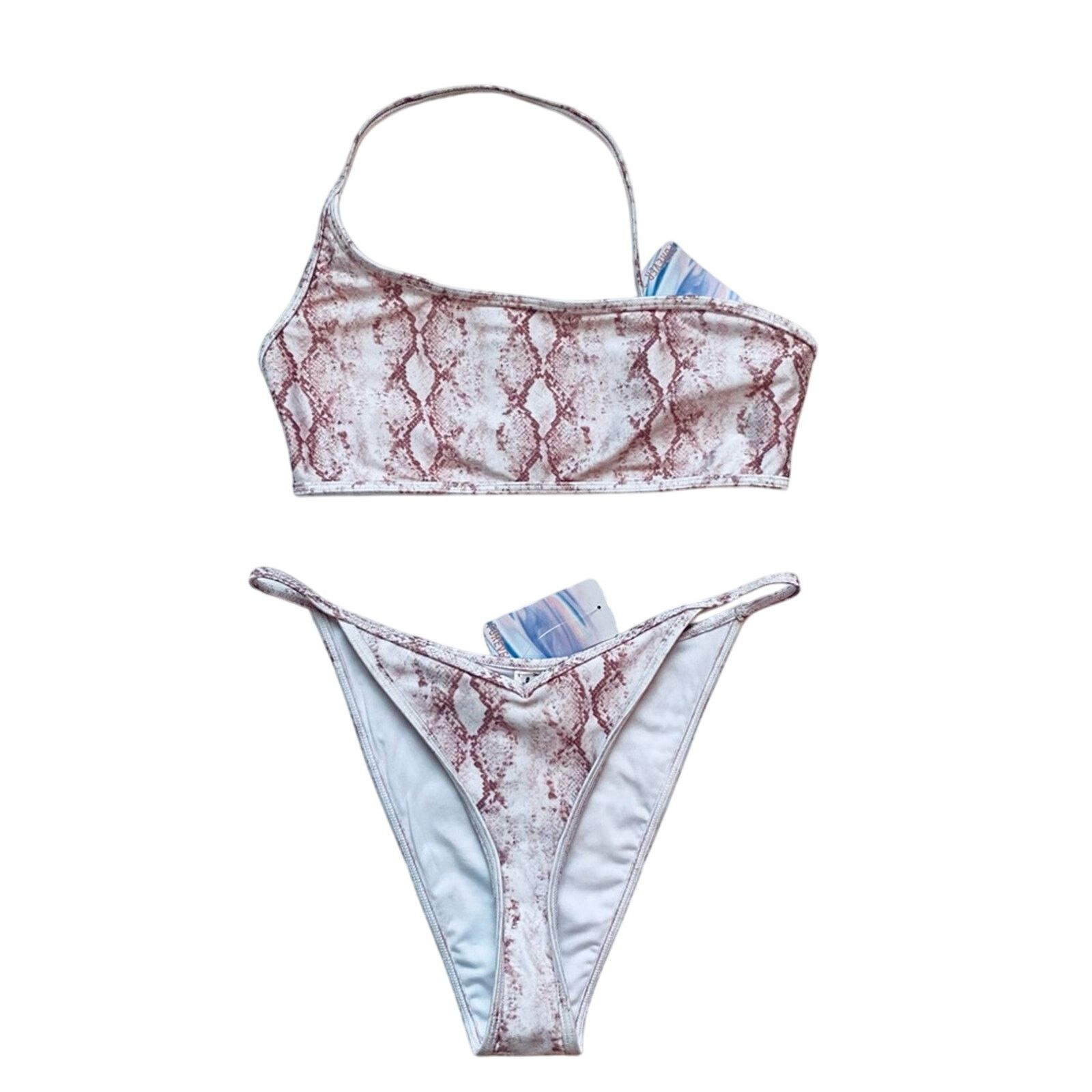 Forever 21 NWT White Rose Pink Snakeskin Print Bikini Set One Shoulder Size S / US 4 / IT 40 - 2 Thumbnail