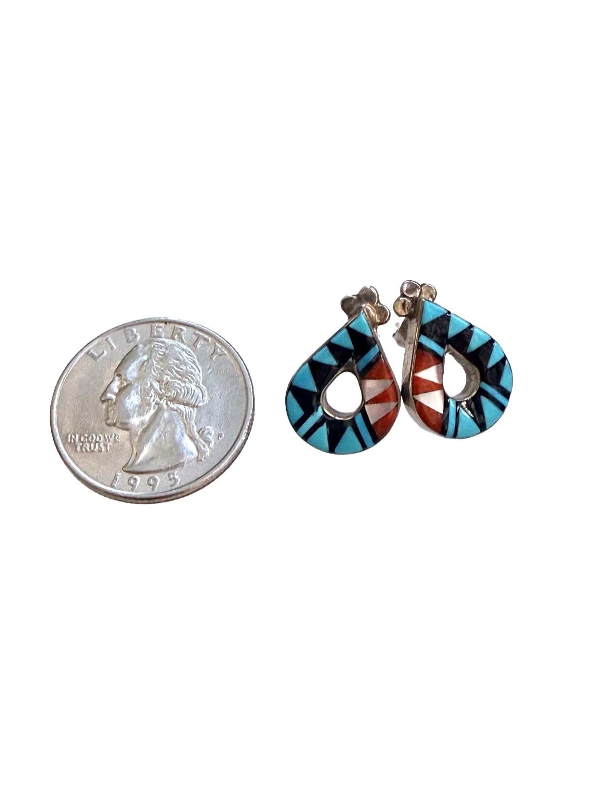 Vintage VTG LAAHTY Zuni Handmade Turquoise Silver 925 Inlay Earrings Size ONE SIZE - 4 Thumbnail