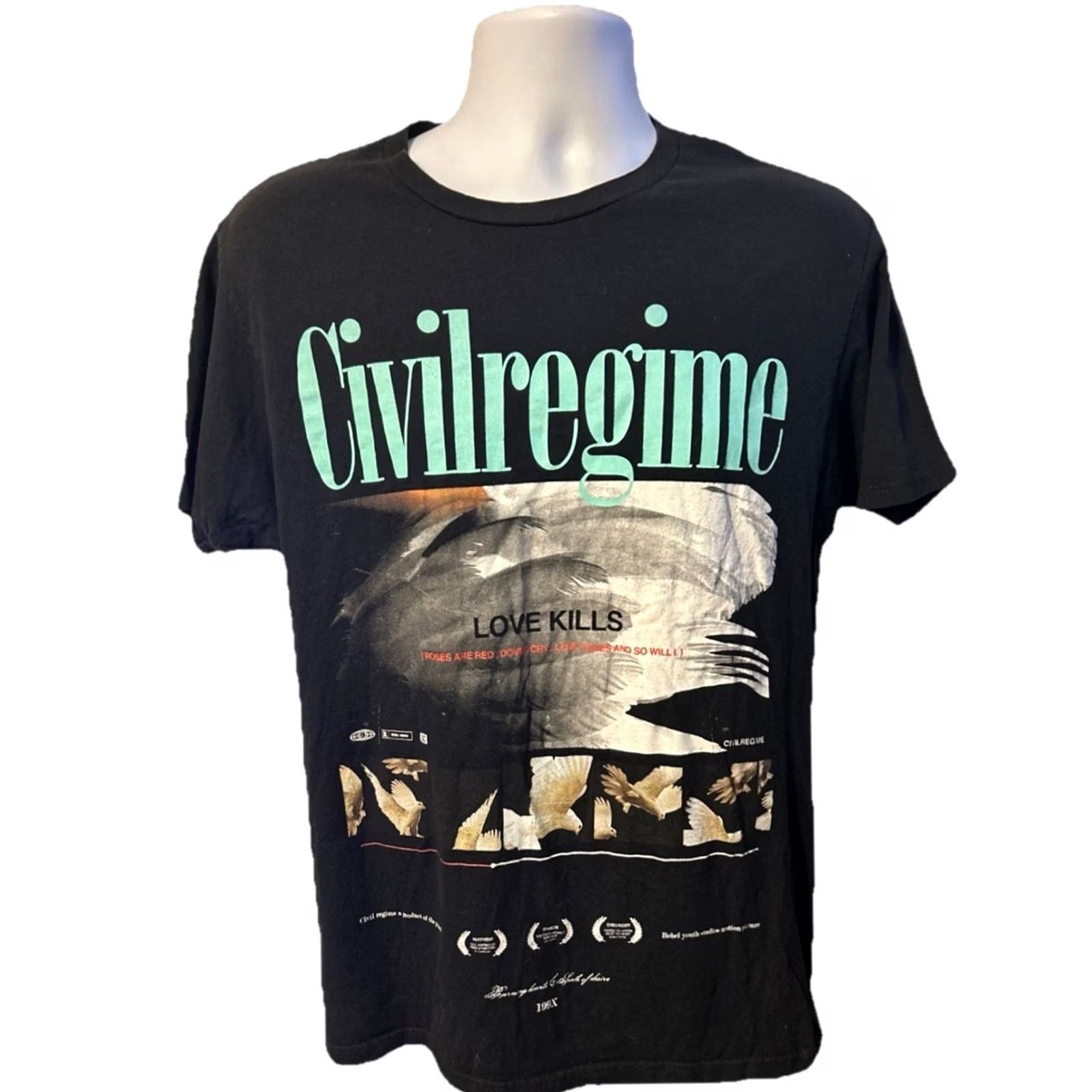 Vintage Civilregime Love Kills Shirt Adult Medium Black Short Sleeve Graphic Print Logo Crew Neck T-Shirt Mens Regular Fit Cotton Knit 2010-2019 Size US M / EU 48-50 / 2 - 2 Thumbnail