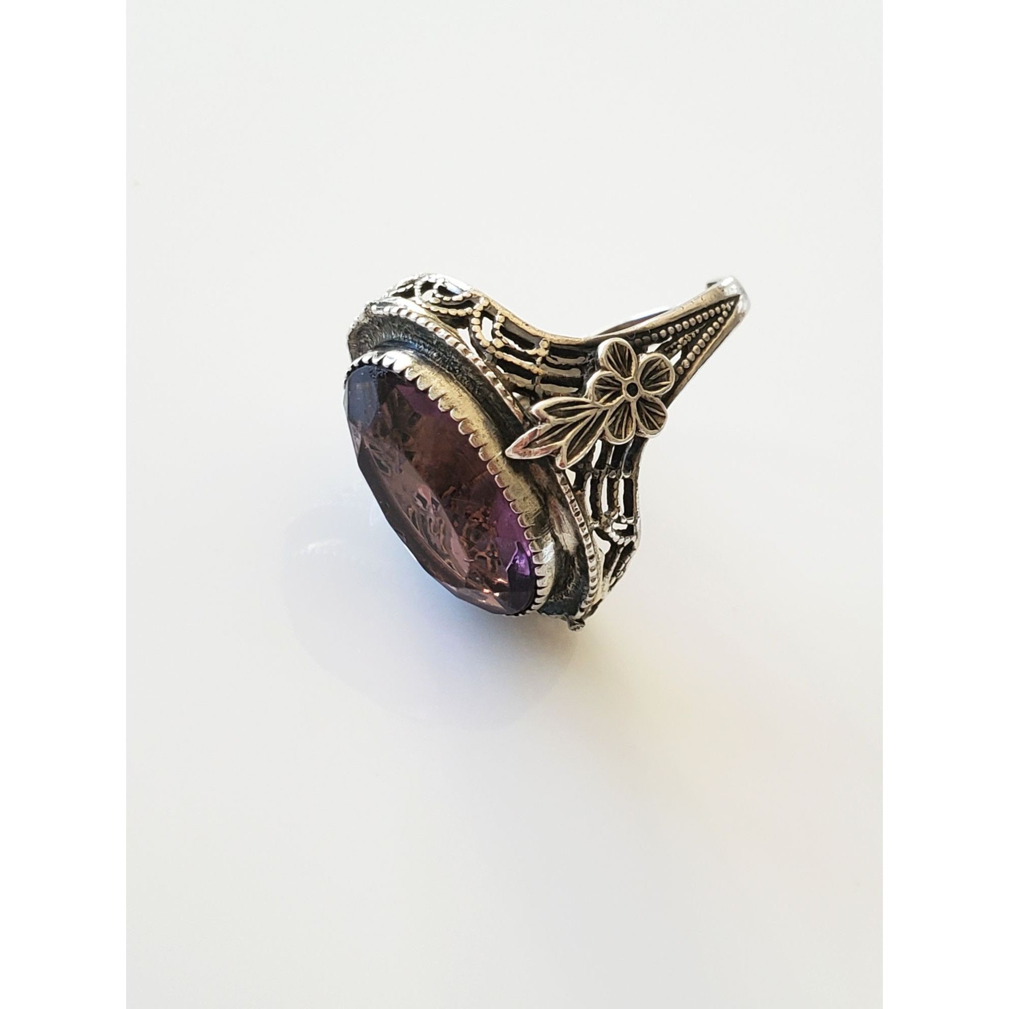 Vintage Vintage Art Deco Sterling Silver Amethyst Filigree Ring Size ONE SIZE - 3 Thumbnail