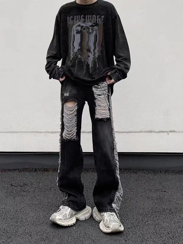 VIBE Retro fringed ripped straight-leg draped jeans Size US 32 / EU 48 - 2 Thumbnail
