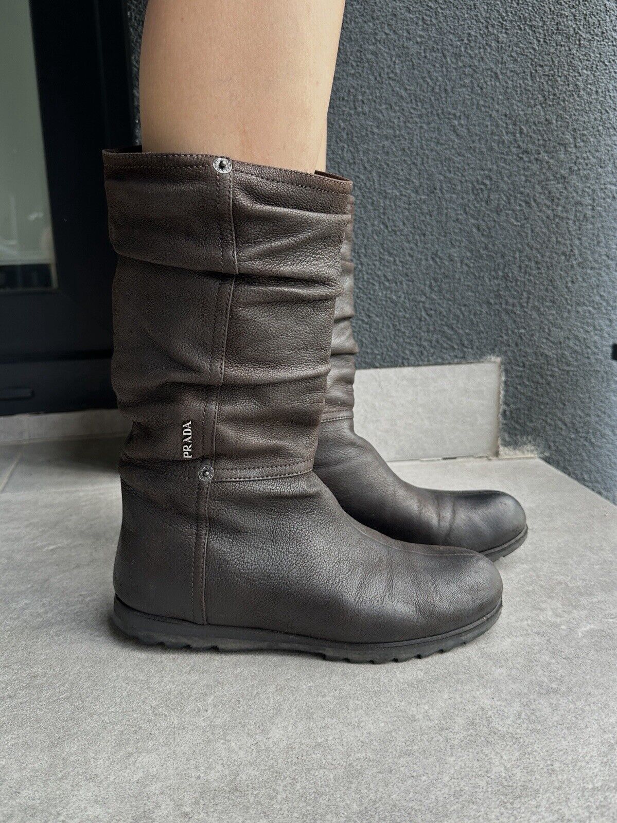 Prada Prada Womens Brown Leather Mid-calf Boots Size 38.5 Size US 8.5 / IT 38.5 - 1 Thumbnail