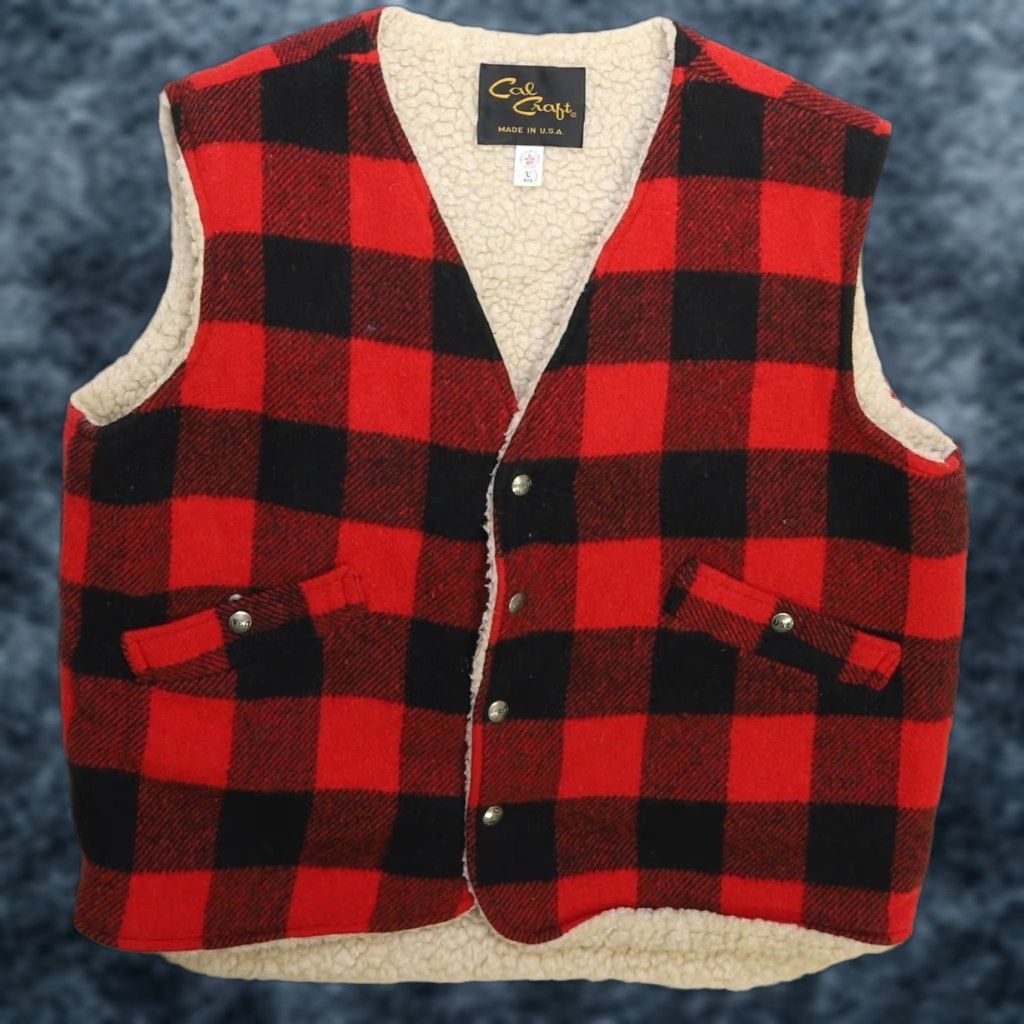 Vintage Cal Craft Red Buffalo Plaid Vest Jacket Men's Large Sherpa