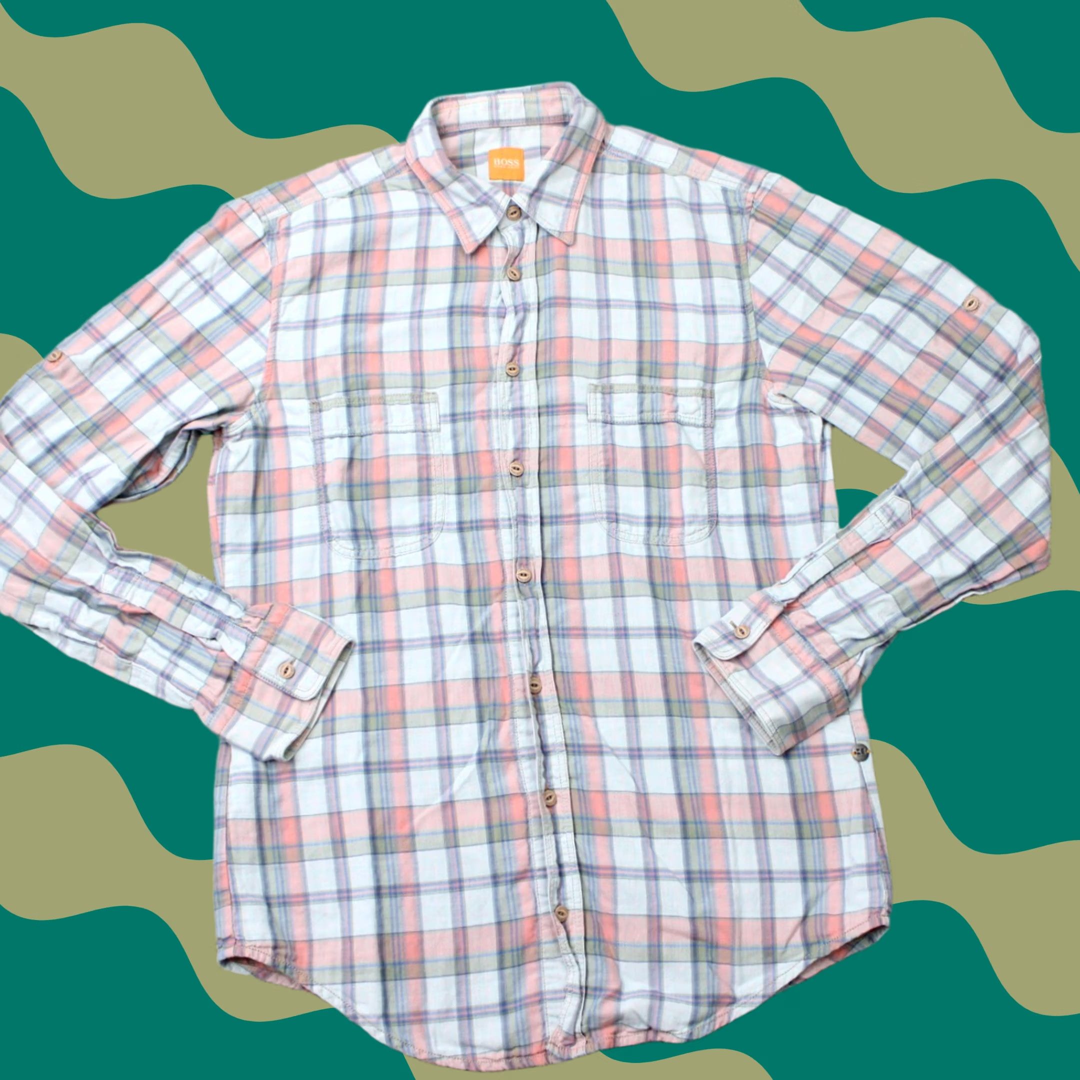 Hugo Boss HUGO BOSS Shirt Mens Medium Pink/Green CalifoE_1 Cotton Long Sleeve Button-Up Plaid Vintage No Size US M / EU 48-50 / 2 - 1 Thumbnail