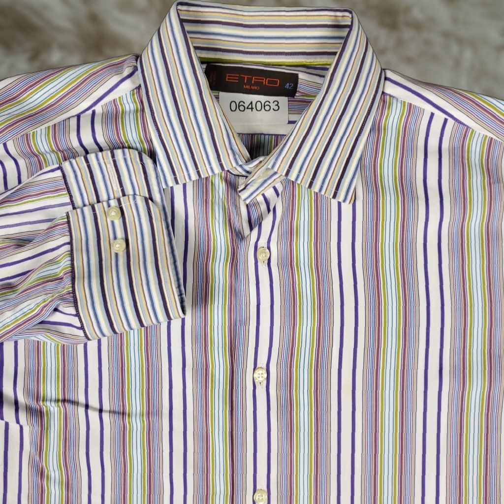 Etro ETRO Button-Up Shirt Men's Size 42 Striped Blue Purple Cotton Long Sleeve Made in Italy Size US XL / EU 56 / 4 - 1 Thumbnail