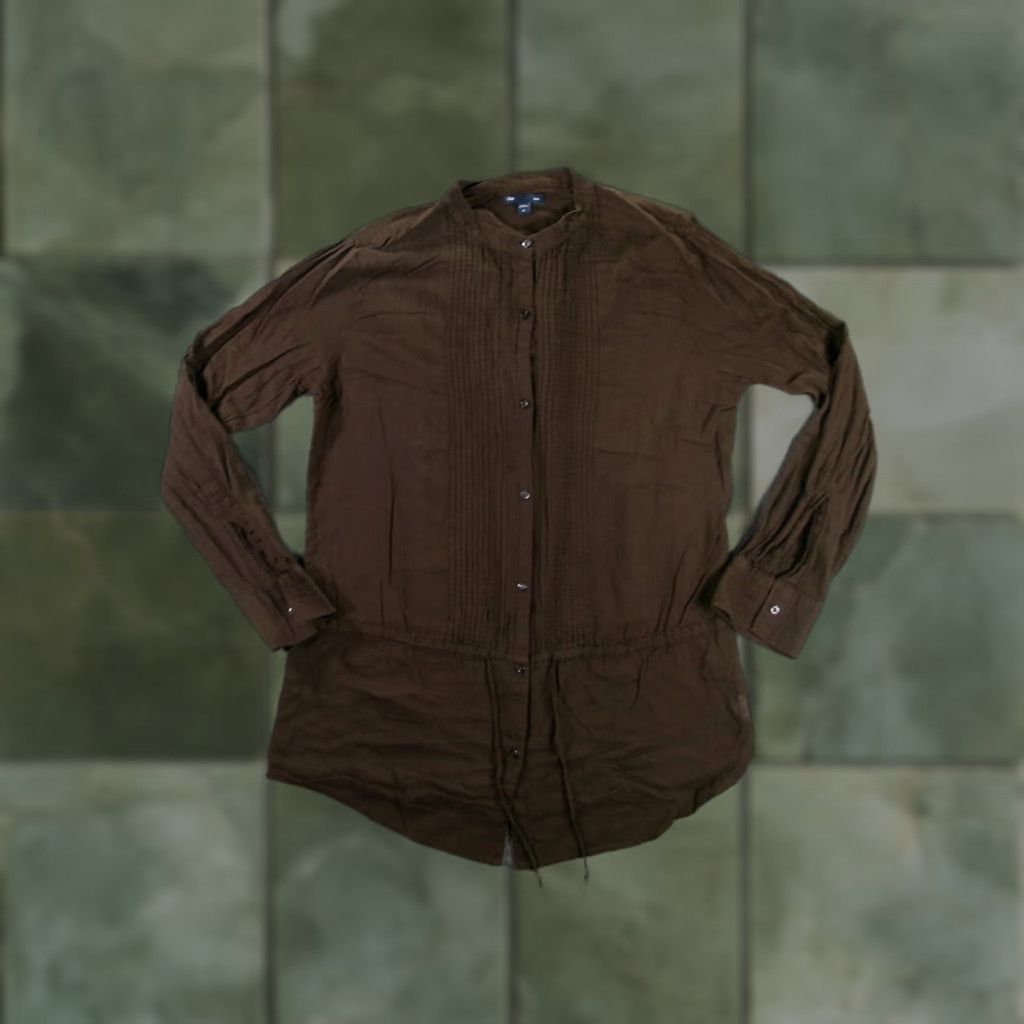 Gap GAP Blouse Shirt Women M Brown Pleated Top Casual Tunic Office Classic Knit Cotton Button Front Long Sleeve Collared Relaxed Fit Size M / US 6-8 / IT 42-44 - 1 Thumbnail