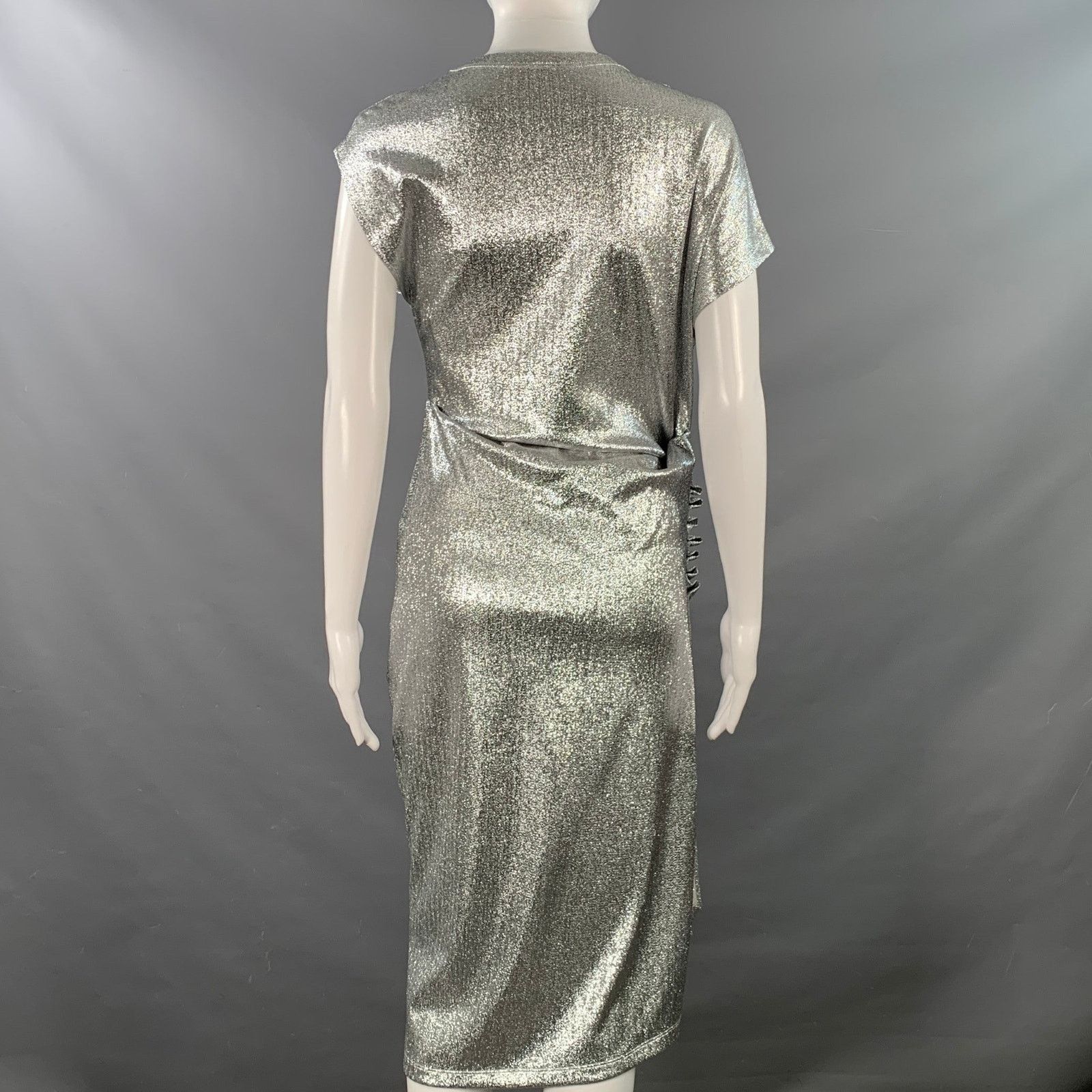 Paco Rabanne Silver Viscose Cap Sleeves Asymmetrical Midi Cocktail Dress Size S / US 4 / IT 40 - 4 Thumbnail