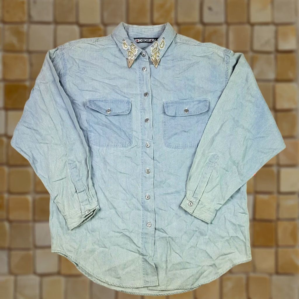 Denime VINTAGE Western Denim Shirt Women Long Sleeve Button-Up Southwestern Rivet 80s 90s Casual Blue Mens Girls Size L / US 10 / IT 46 - 1 Thumbnail