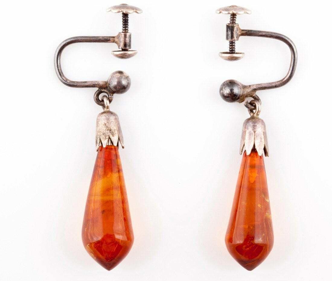 Handmade Sterling Silver Carved Amber Dangle Earrings Size ONE SIZE - 1 Thumbnail