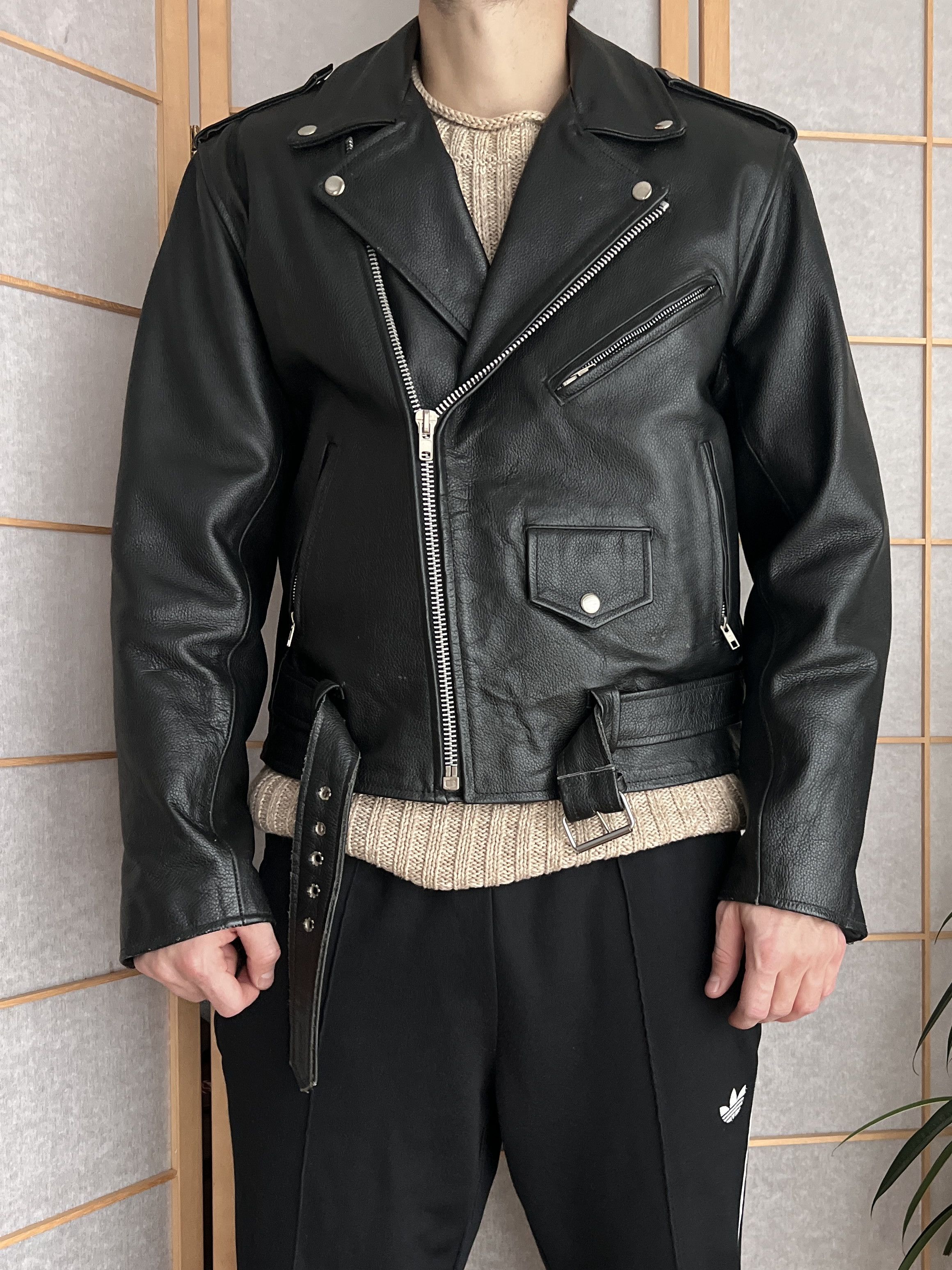 Le Grande Bleu (L.G.B.) Terminator crop vintage hard leather bomber jacket biker y2k Size US M / EU 48-50 / 2 - 2 Thumbnail