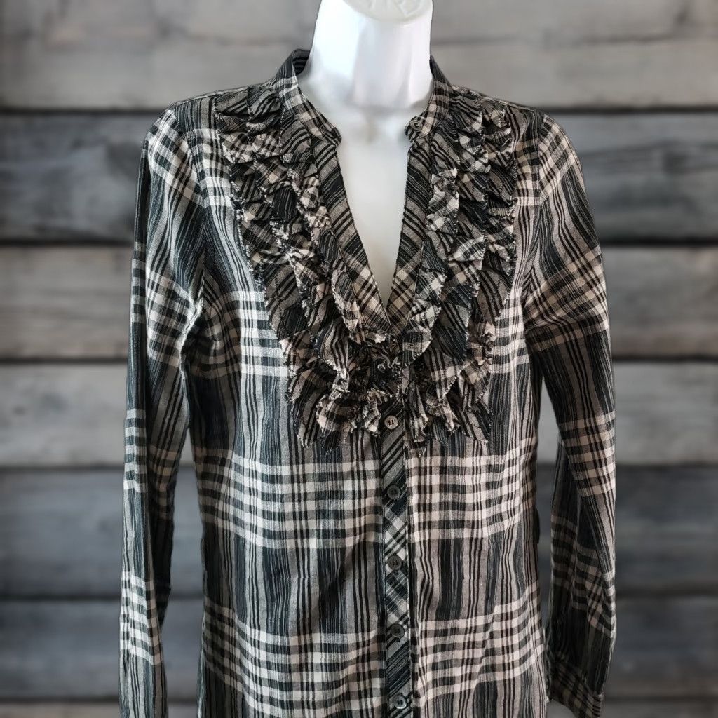 Joie VINTAGE Joie Womens Button Front Dress Sz Small Black Gray Plaid Ruffle Front Cotton Size S / US 4 / IT 40 - 1 Thumbnail