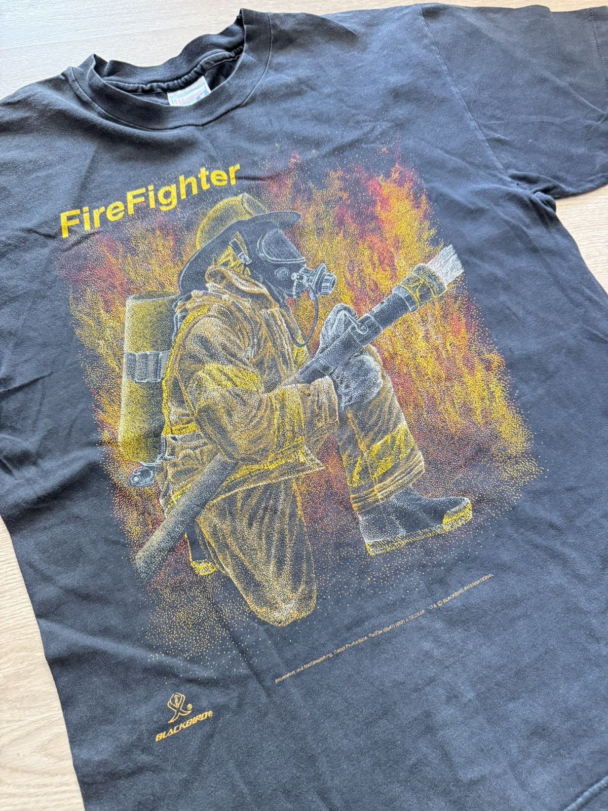 Hanes Vintage 90’s Hanes Blackbird Fire Fighter Sunfaded USA Shirt Size US L / EU 52-54 / 3 - 2 Thumbnail