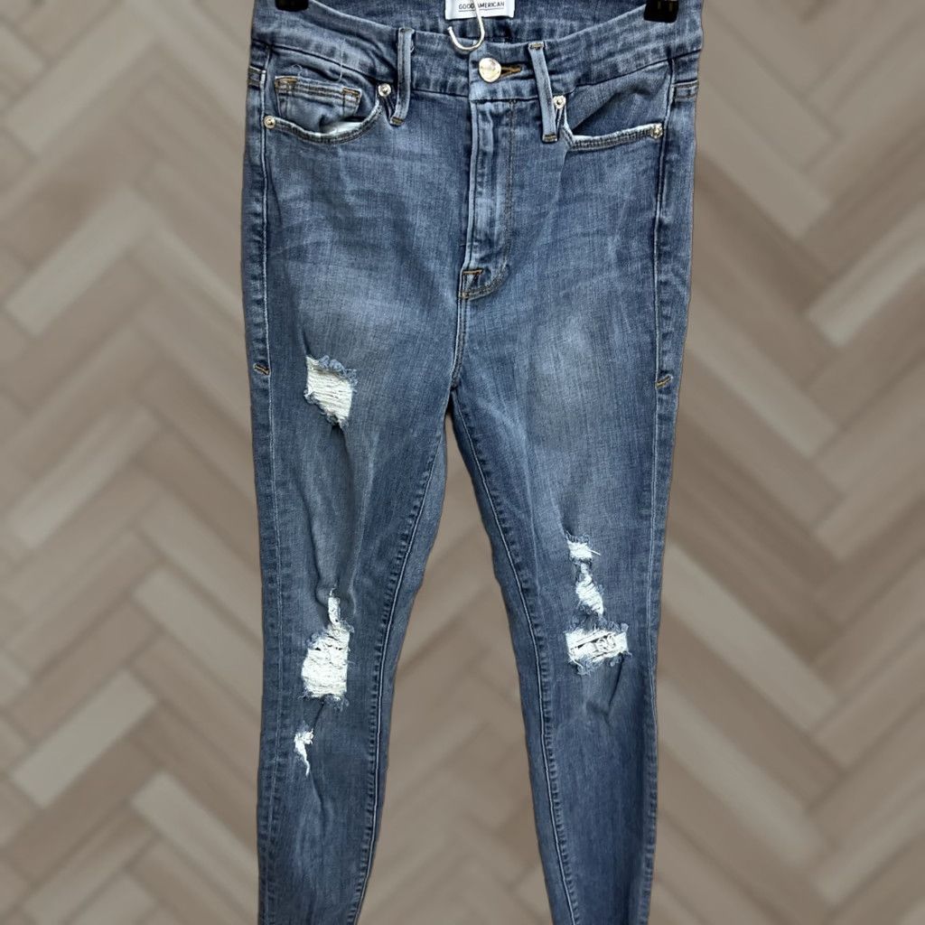 Good American Good American Jeans Skinny Women 2 Medium Wash Distressed Size 2/26 Blue Denim Rise Mid Inseam 27 Size 26" / US 2 / IT 38 - 1 Thumbnail