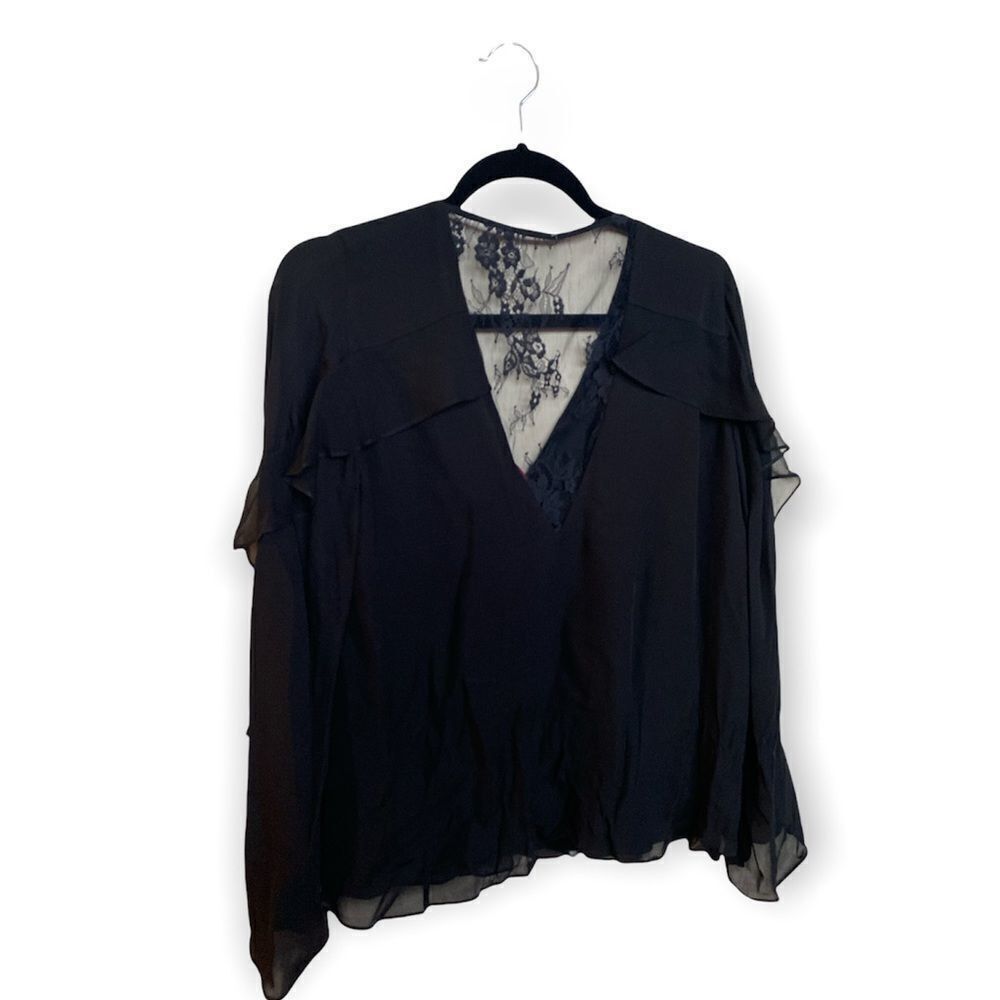 Parker Parker Silk Black Blouse | Ruffled Flowy Sleeves | Lace Back Size S / US 4 / IT 40 - 3 Thumbnail