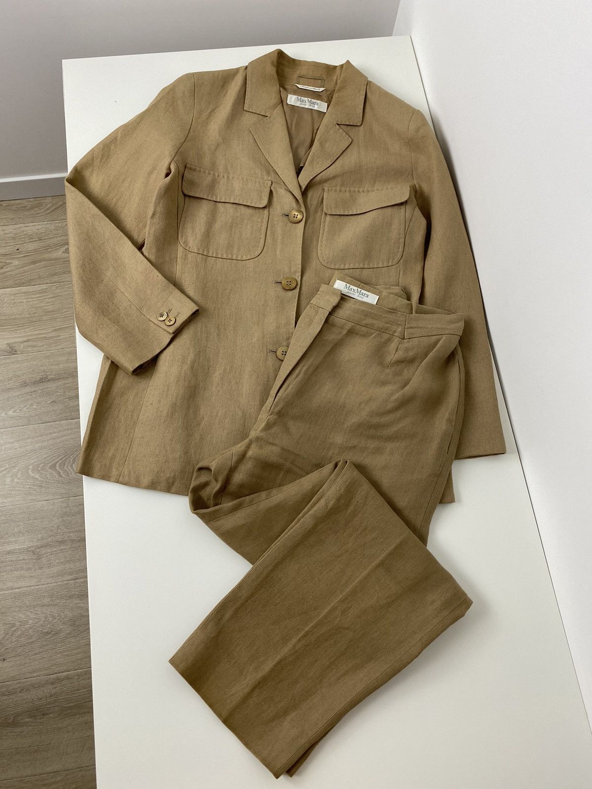 image of Max Mara Set 100% Puro Lino Beige Camel Suit Pants Jacket, Women's (Size Medium)