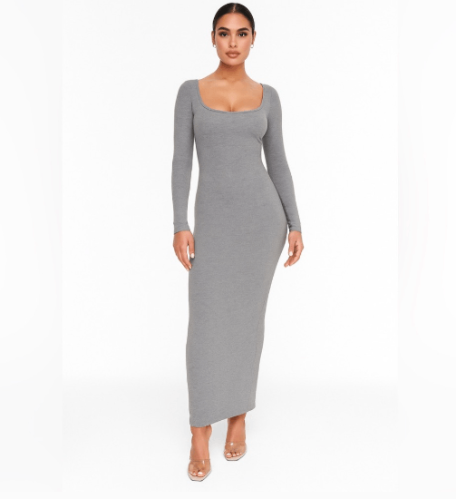 SKIMS SKIMS Lounge Long Ribbed Long Sleeve Maxi Dress Gray 2XL Size XXL / US 16-18 / IT 52-54 - 1 Thumbnail