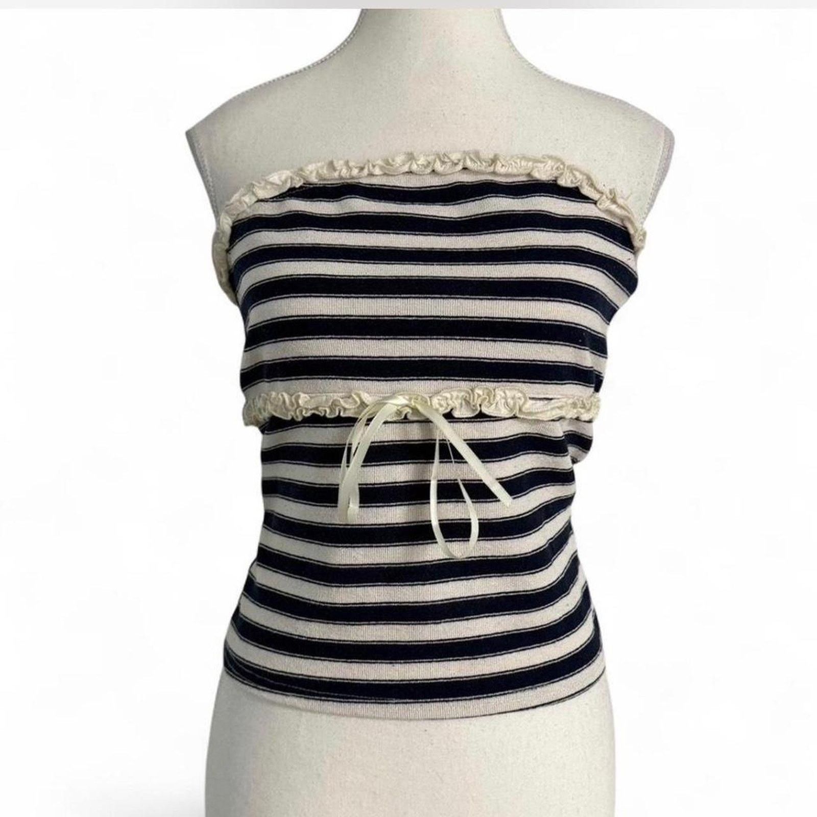 Other La Peche navy + white striped tube top ruffle trim tie back Size XL / US 12-14 / IT 48-50 - 1 Thumbnail