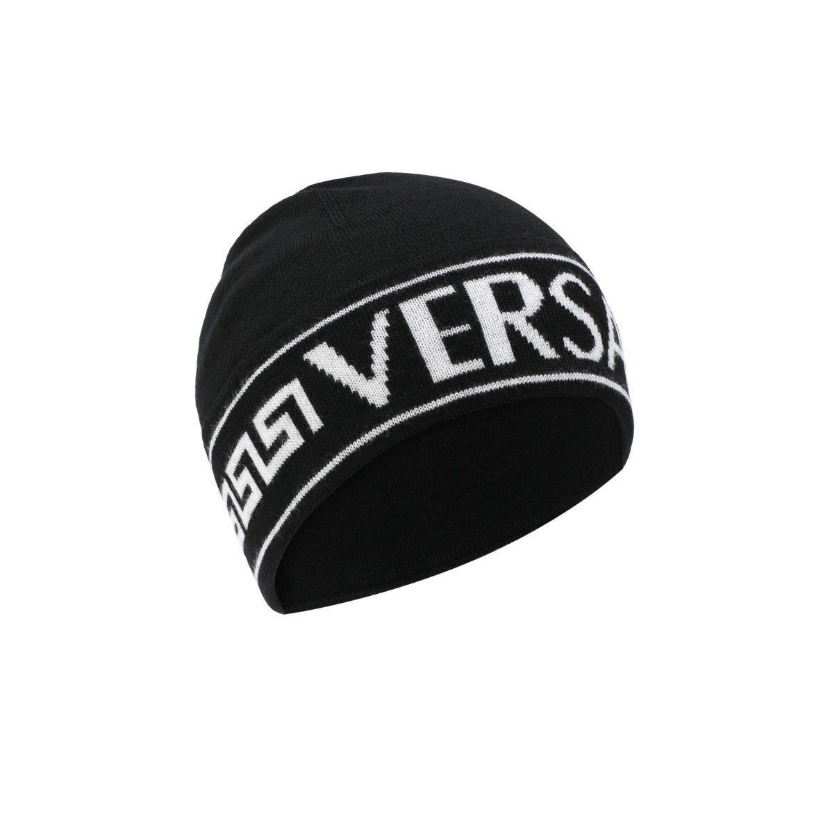 image of Versace Greca Logo Wool Jacquard Knitted Black Beanie Hat, Men's