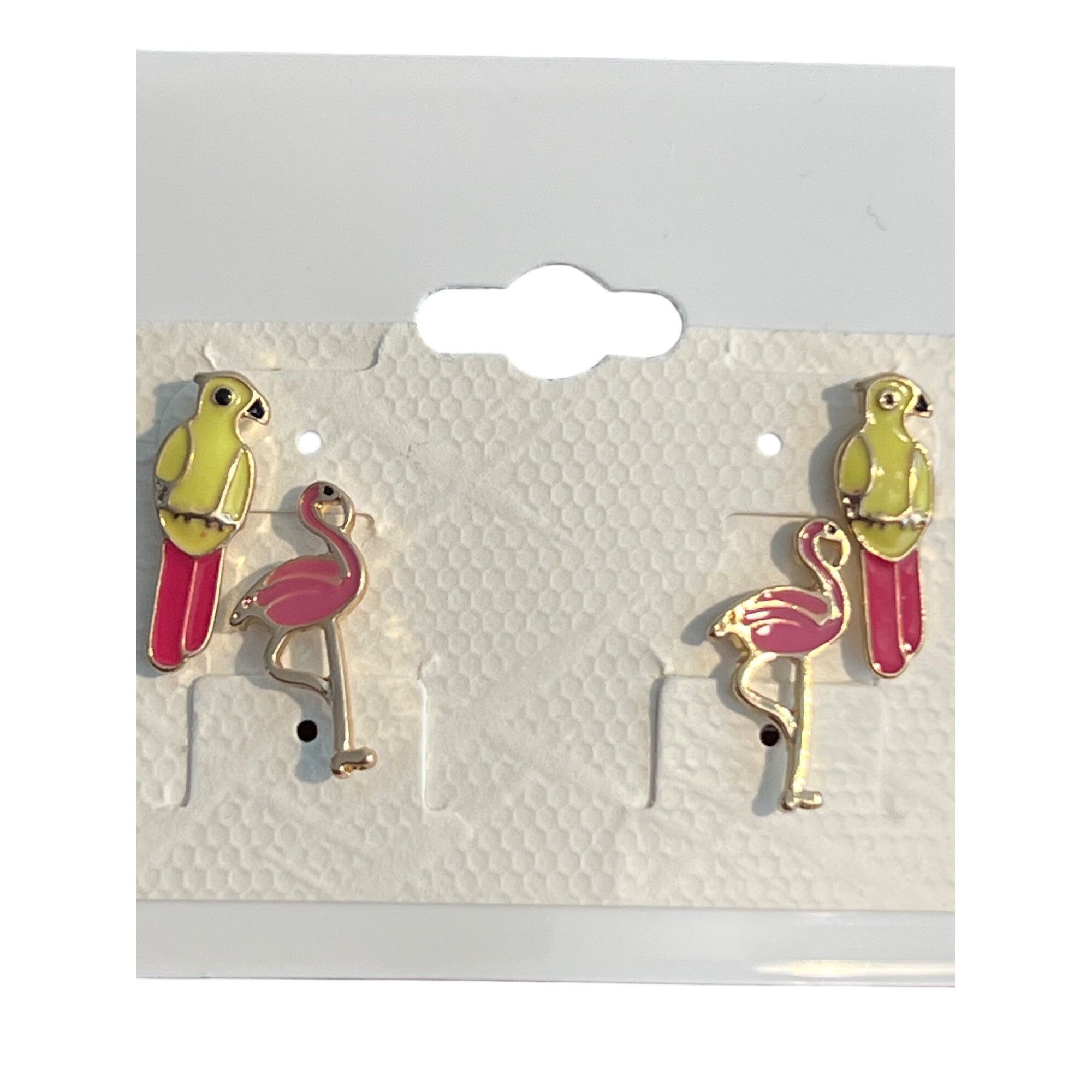 Other 2 Pair Bird Stud Earrings Flamingo Parrot Gold Tone Enamel P Size ONE SIZE - 2 Thumbnail