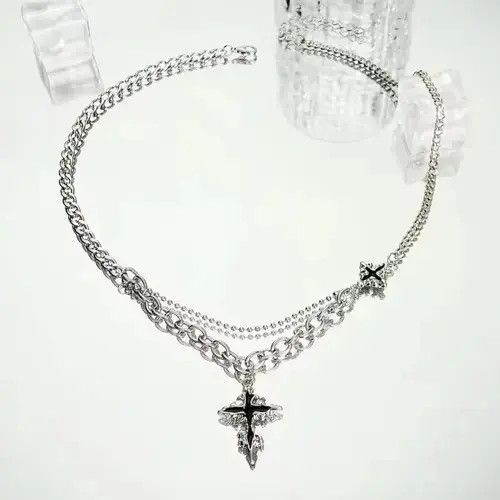 Jewelry Retro punk gothic melting cross layered chain necklace y2k Size ONE SIZE - 3 Thumbnail